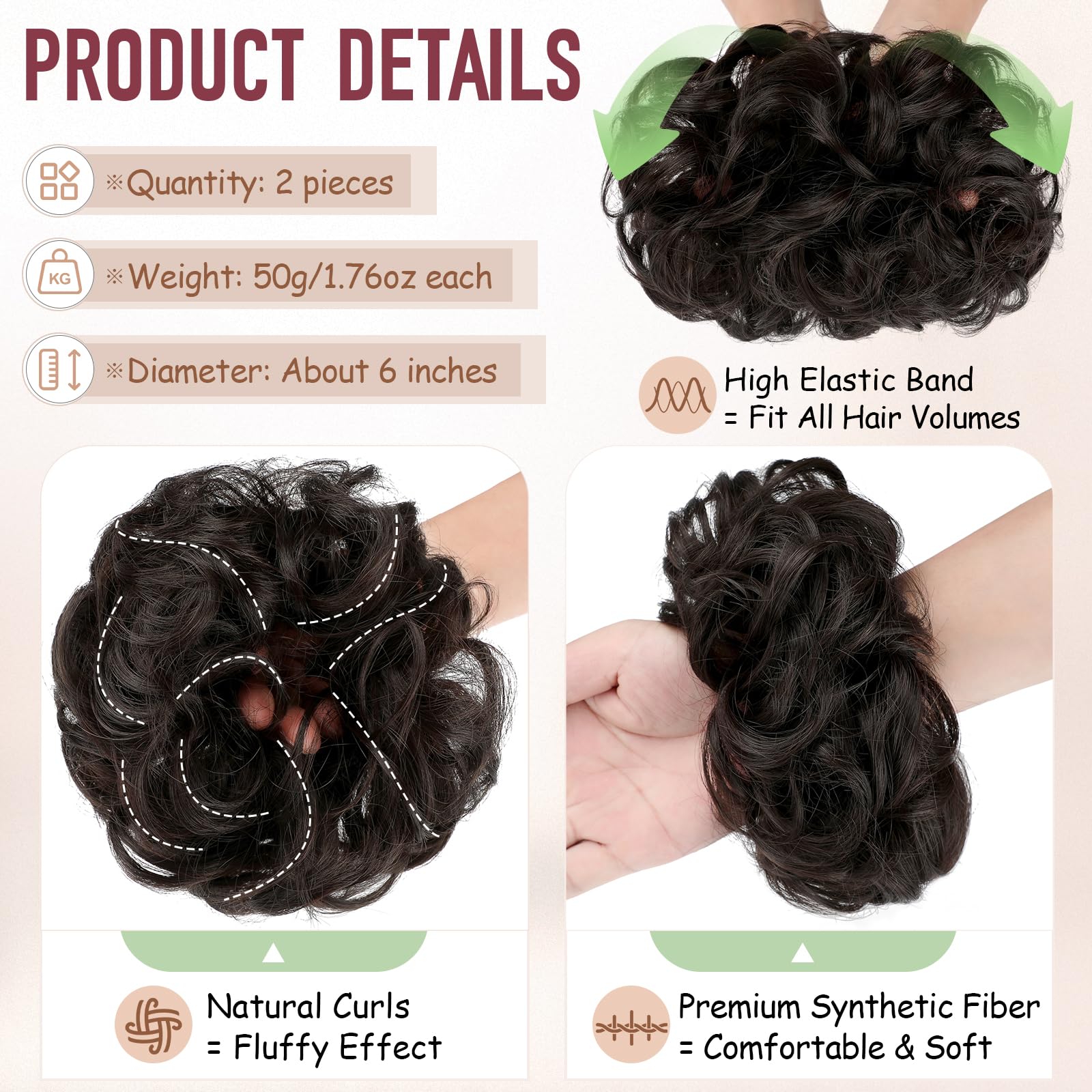 FeidyLong 2 PCS Messy Bun Hair Piece Wavy Curly Hair Bun Scrunchies Extensions Synthetic Chignon Thick Updo Hairpieces for Women Girls(Dark Brown)