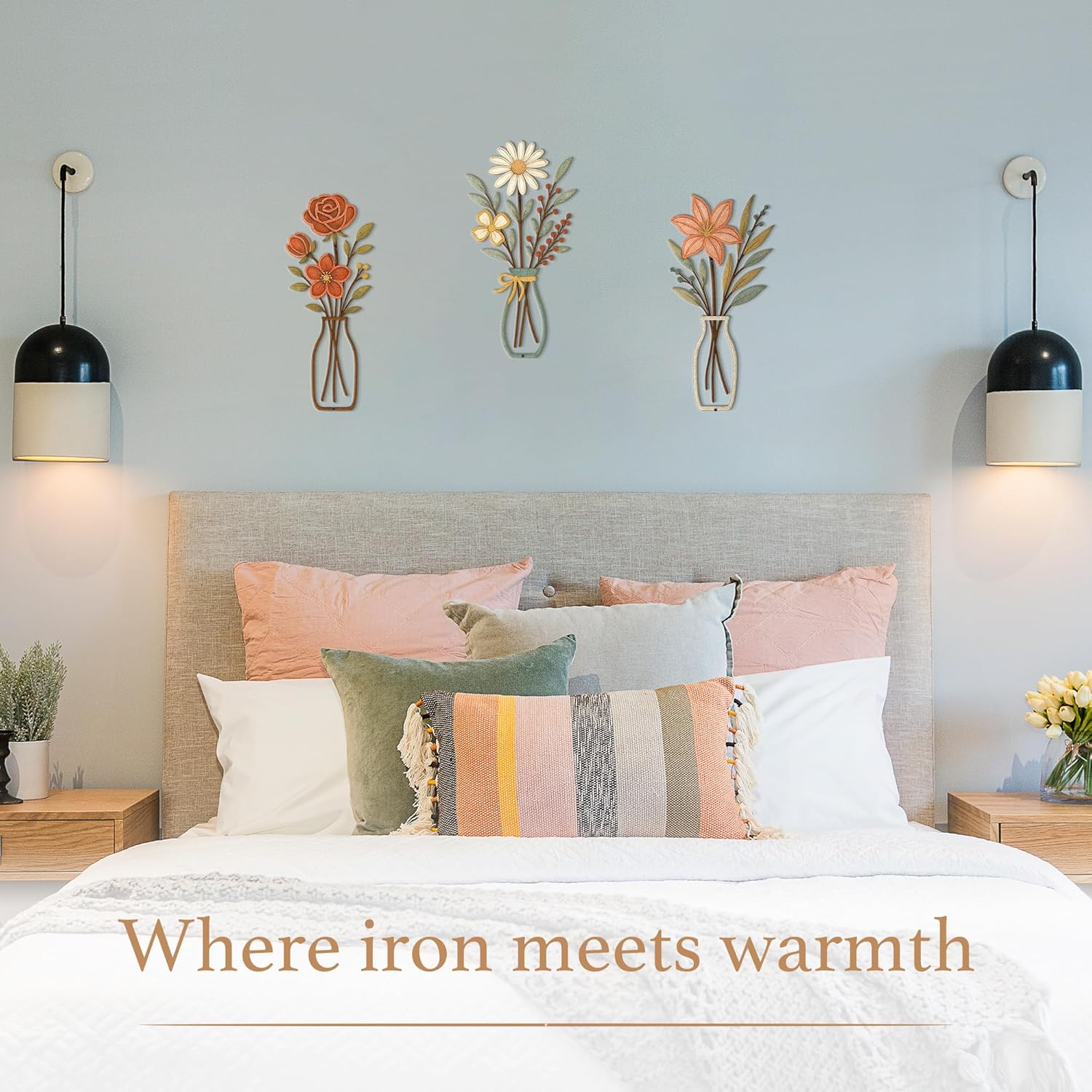 CarryWise 3 Piece Metal Flower Wall Art for Bedroom Living Room Rustic Farmhouse Floral Wall Decor for Bathroom Dining Room Boho Home Decorations Modern Minimalism Walls Hanging Sculptures