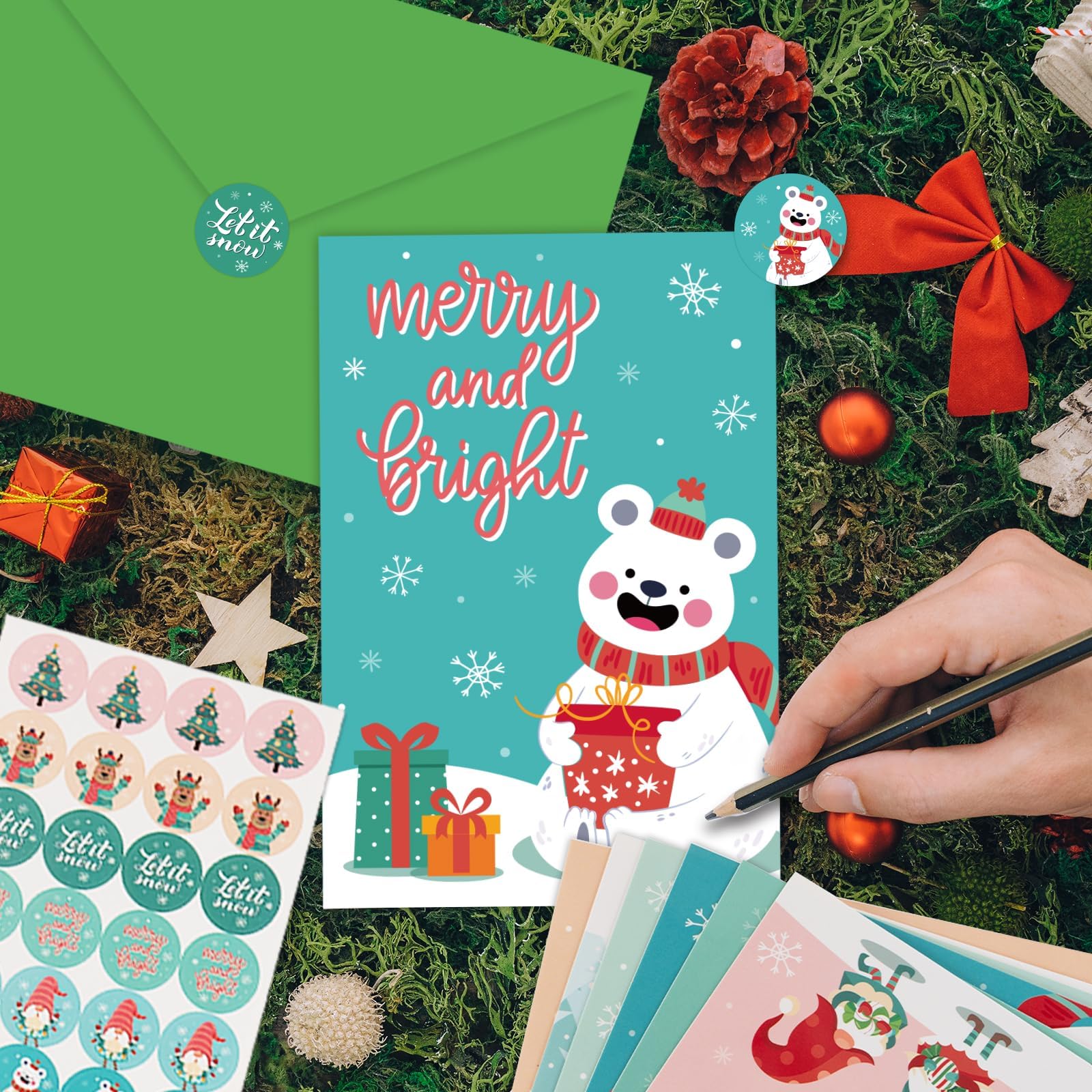 GRADESIN 24 tarjetas de amor de Navidad e invierno, enanos y tema de invierno, tarjetas de Navidad de papel pesado Gork con calcomanías redondas para Navidad, Año Nuevo, fiestas para enviarse saludos