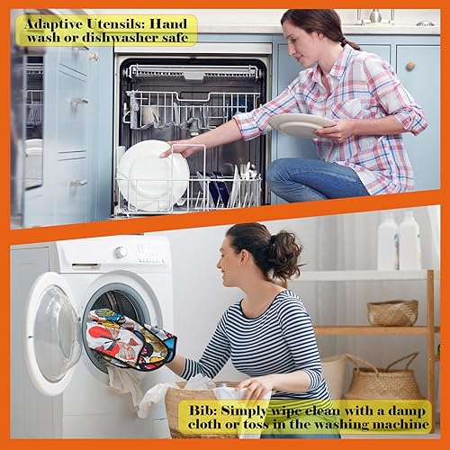 Miniatura 5 de Utensilios adaptativos con babero para adultos, juego de 4 utensilios con peso (2.5 onzas cada uno) para temblores de manos, ancianos, parkinson,