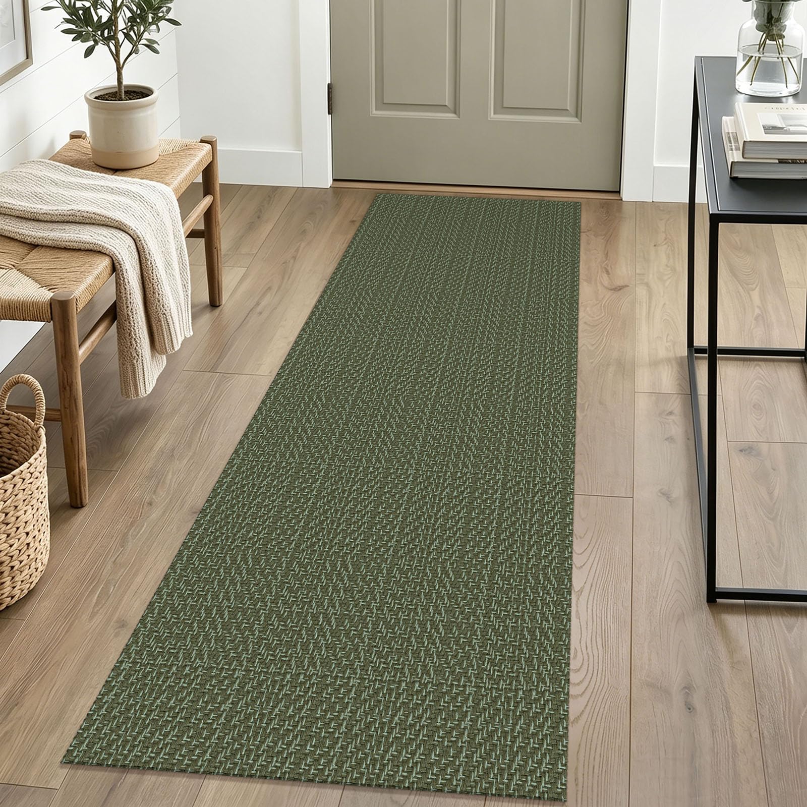 IOHOUZE Washable Runner Rug 2x6 Non Slip Runners for Hallways Entryway Runner Indoor, Kitchen Rugs Woven Cotton Floor Carpet for Kitchen Hall Entrance Bedroom, Dark Moss Green/Mint Green