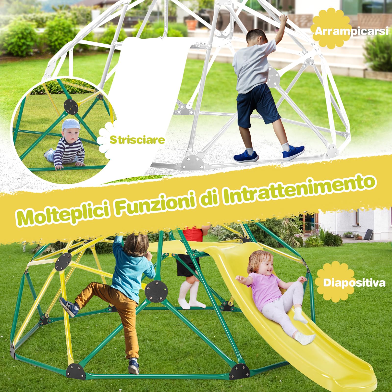 COSTWAY Cupola di Arrampicata, Struttura per Arrampicata con Scivolo, Capacità di Carico di 180 KG, per Bambini da 3 a 10 Anni, Ideale per Palestra, Cortile e Giardino (Verde+Giallo)