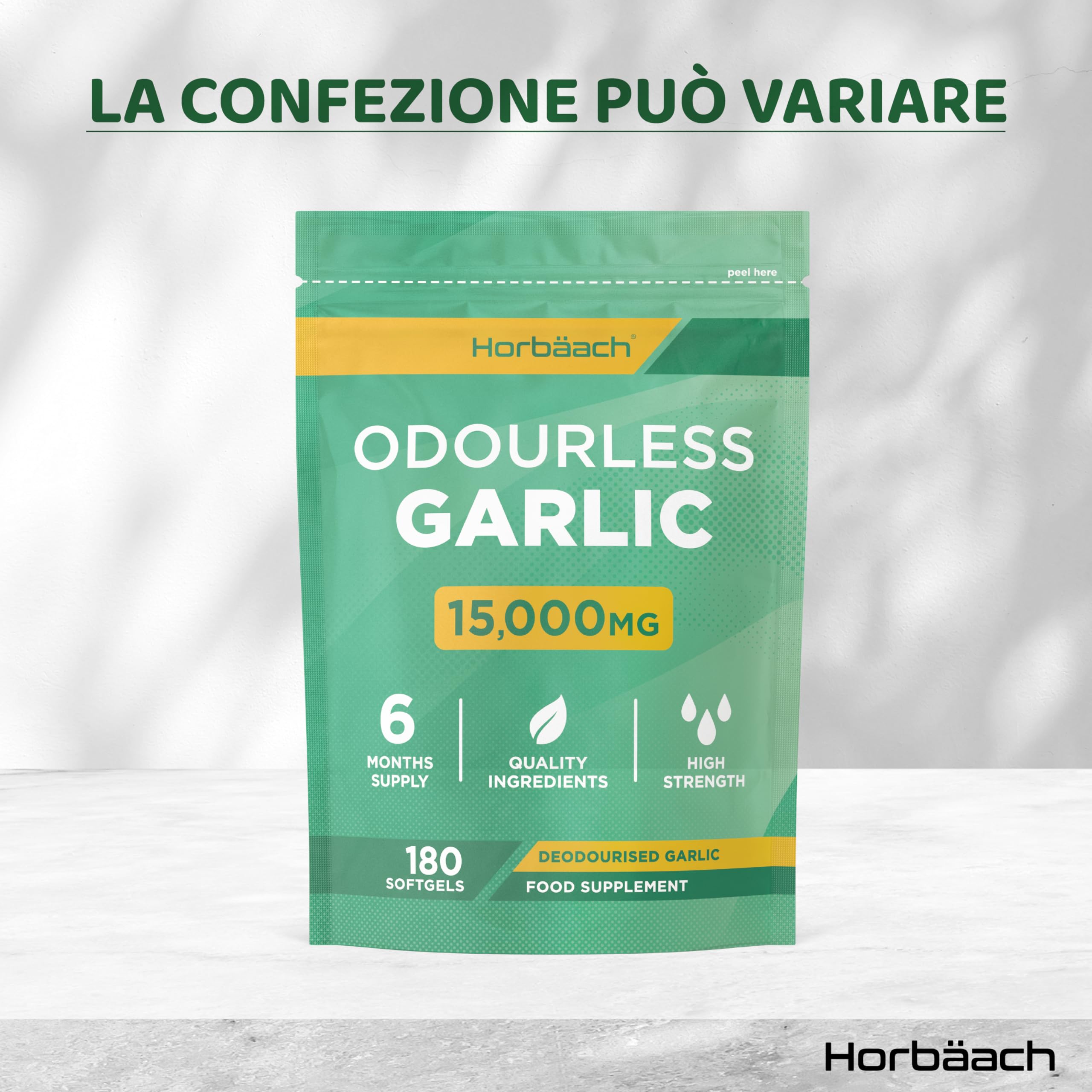 Aglio Capsule Inodore 15000mg | 180 Capsule Molli per 6 Mesi | Estratto di Aglio Deodorizzato ad Alto Dosaggio | Ricavato da Allium Sativum | Odorless Garlic Softgels | by Horbaach