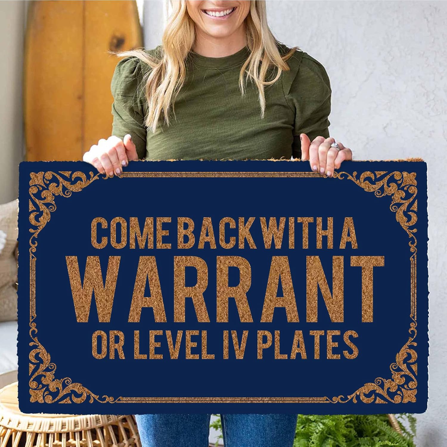 Come Back with a Warrant or Level Iv Plates - 30"x18" Machine Washable Door Mat, Low Profile Slip-Resistant Welcome Mats for Front Door, Weather-Resistant Rubber Backing, Funny Entry Rug