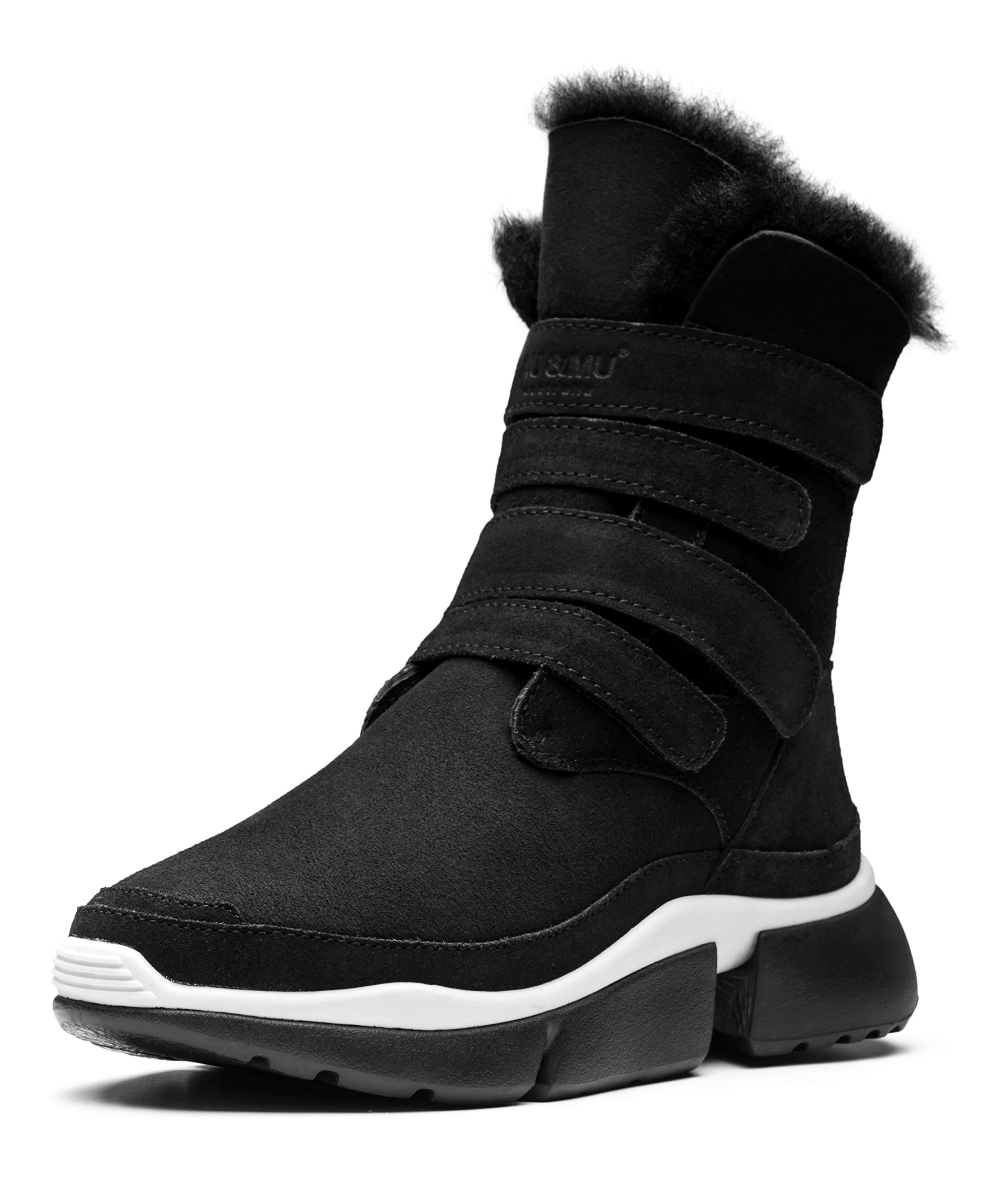 AUMU Classic Retro Hook and Loop Suede Sheepskin Elevator Hiden Heel Winter Snow Boots