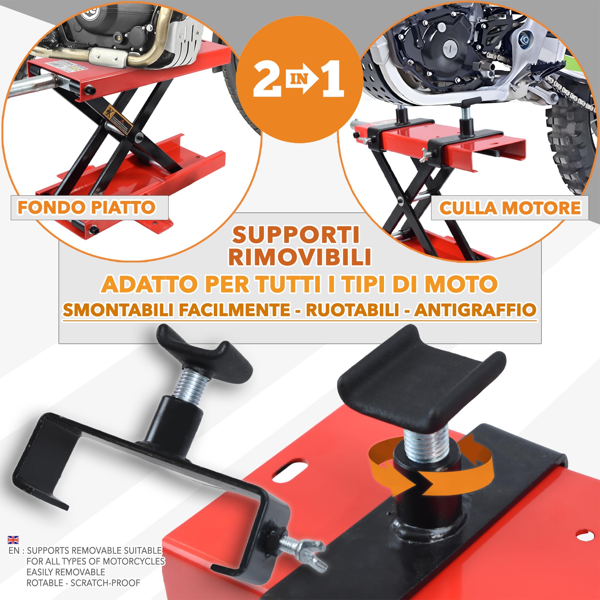 Alzamoto Pedana Centrale Sollevatore Moto Sollevamento Cross Custom Scooter Portata 500 kg in Metallo con madrevite in Metallo + Supporti Anti graffio Culla Motore Bike Enduro Garage Officina
