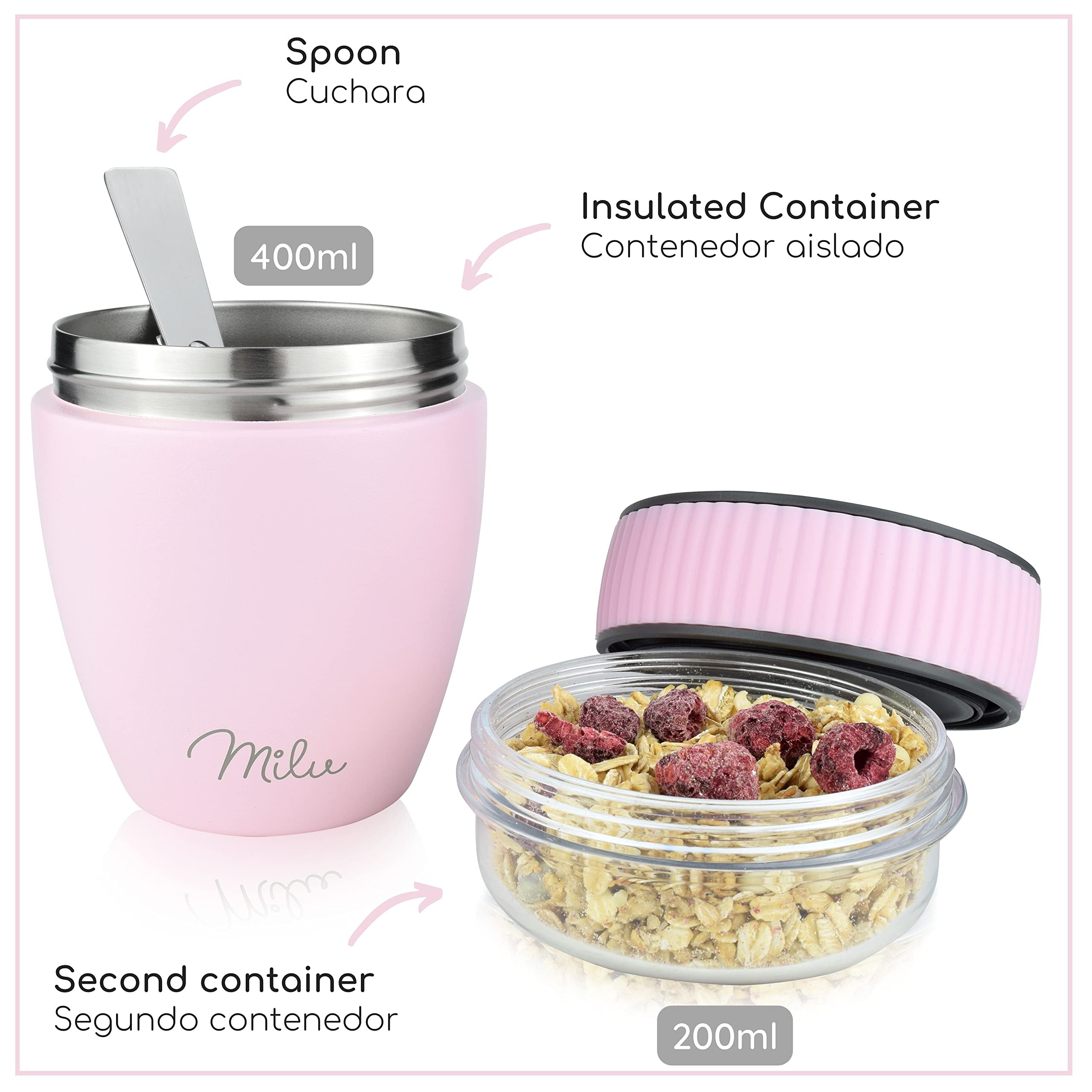 Milu Taza para muesli to go 400ml acero inoxidable I Vaso con 2 Partes para sopas ensaladas Pasta Yogur postres - aso de yogur a prueba de derrames con cuchara (Rosa)