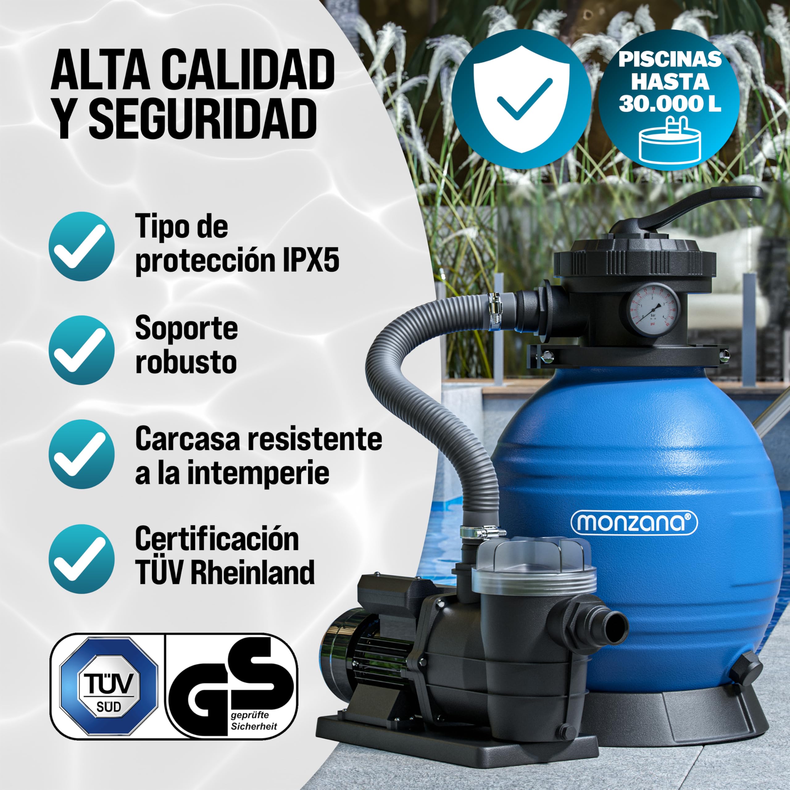 MONZANA Depuradora Piscina 9.600L/h | Filtro Arena 30.000L, Vidrio Filtrante, Valvula 7 Funciones Filtrado, 400W, Bomba, Indicador Presión, Adaptador Ø32-38mm