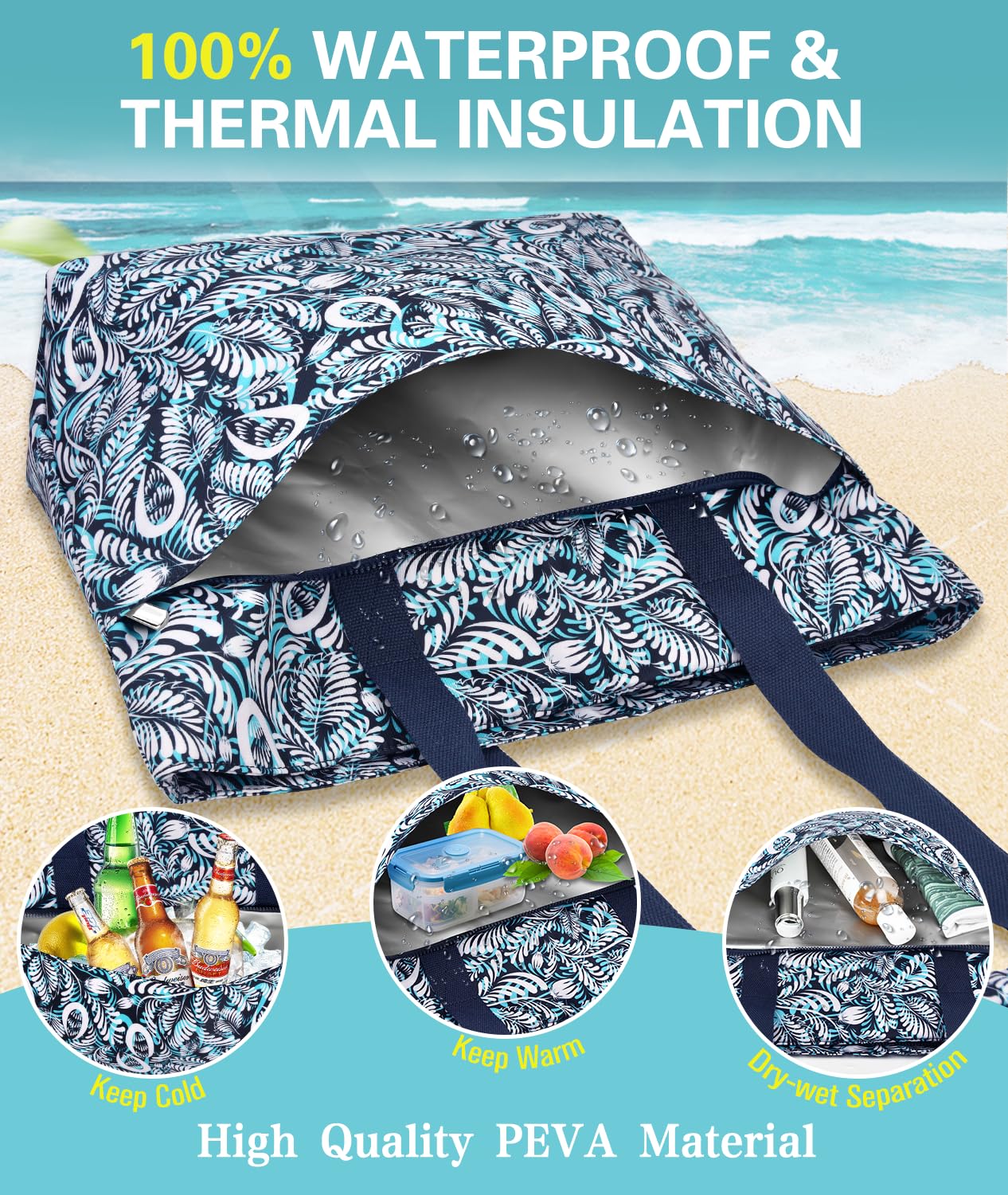 Bolsa Playa Mujer Grande XXL Familiar Bolso de Playa con Cremallera Bolsa Natación Impermeable Bolsa de Viaje Plegable Shopper Tote Bag para Playa Compras Viajes Uso Sauna