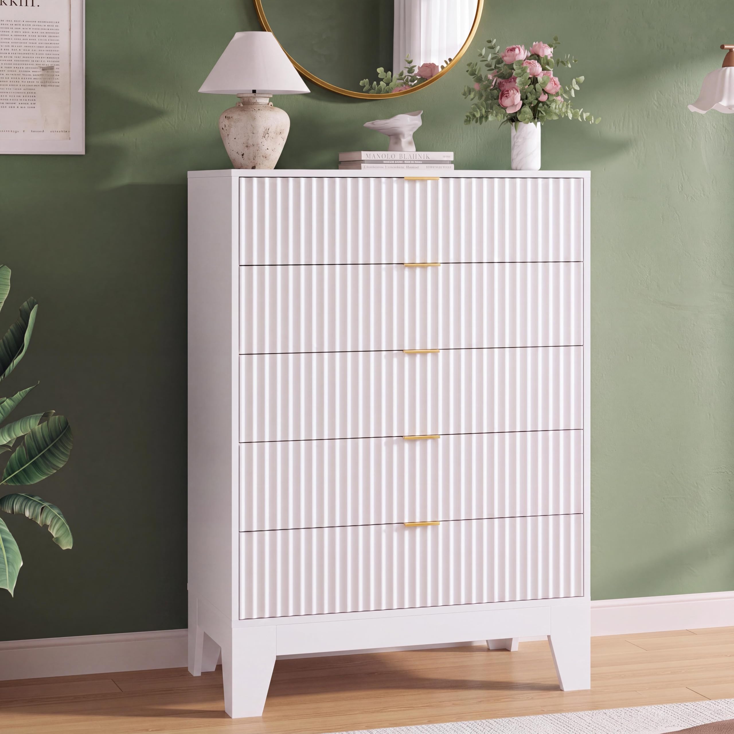 5 Drawer Dresser for Bedroom, 47" Tall Fluted Chest of Drawers, White
