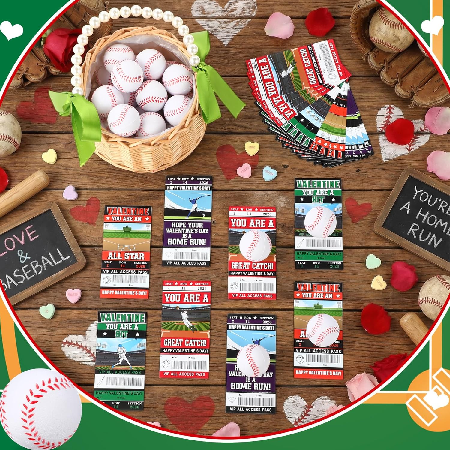 Realspring 24 Set Baseball Valentines Day Cards Gifts for Kids Classroom 24 Pcs Mini Foam Stress Baseball and 24 Pcs Class Exchange Card for Valentines Goodie Bag Stuffer School Sport Party Favors
