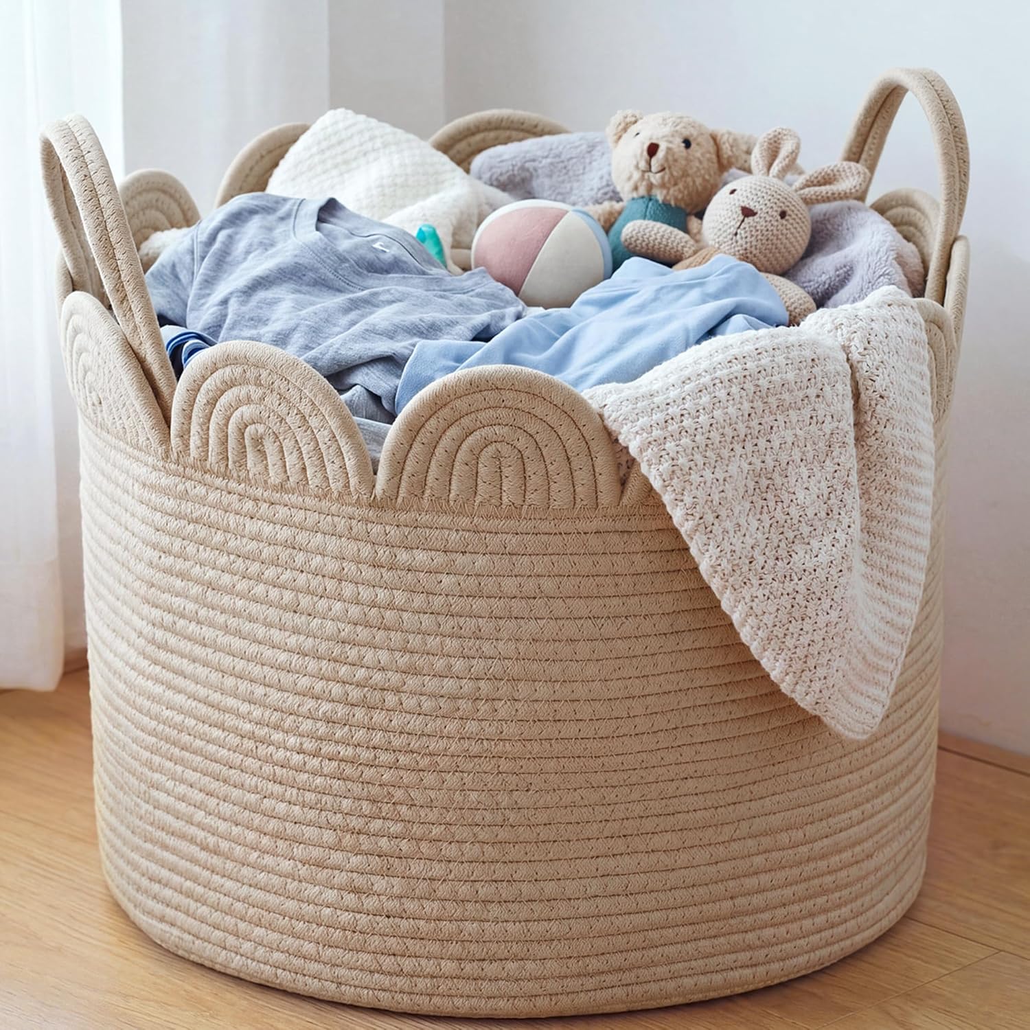 LemonRoad Pink Round Basket Large Blanket Basket 15.8" L X 15.8" W X 13.8" H Scalloped Woven Baskets Cotton Storage Baskets for Nursery Classroom Closet Blankets Storage Home Decor