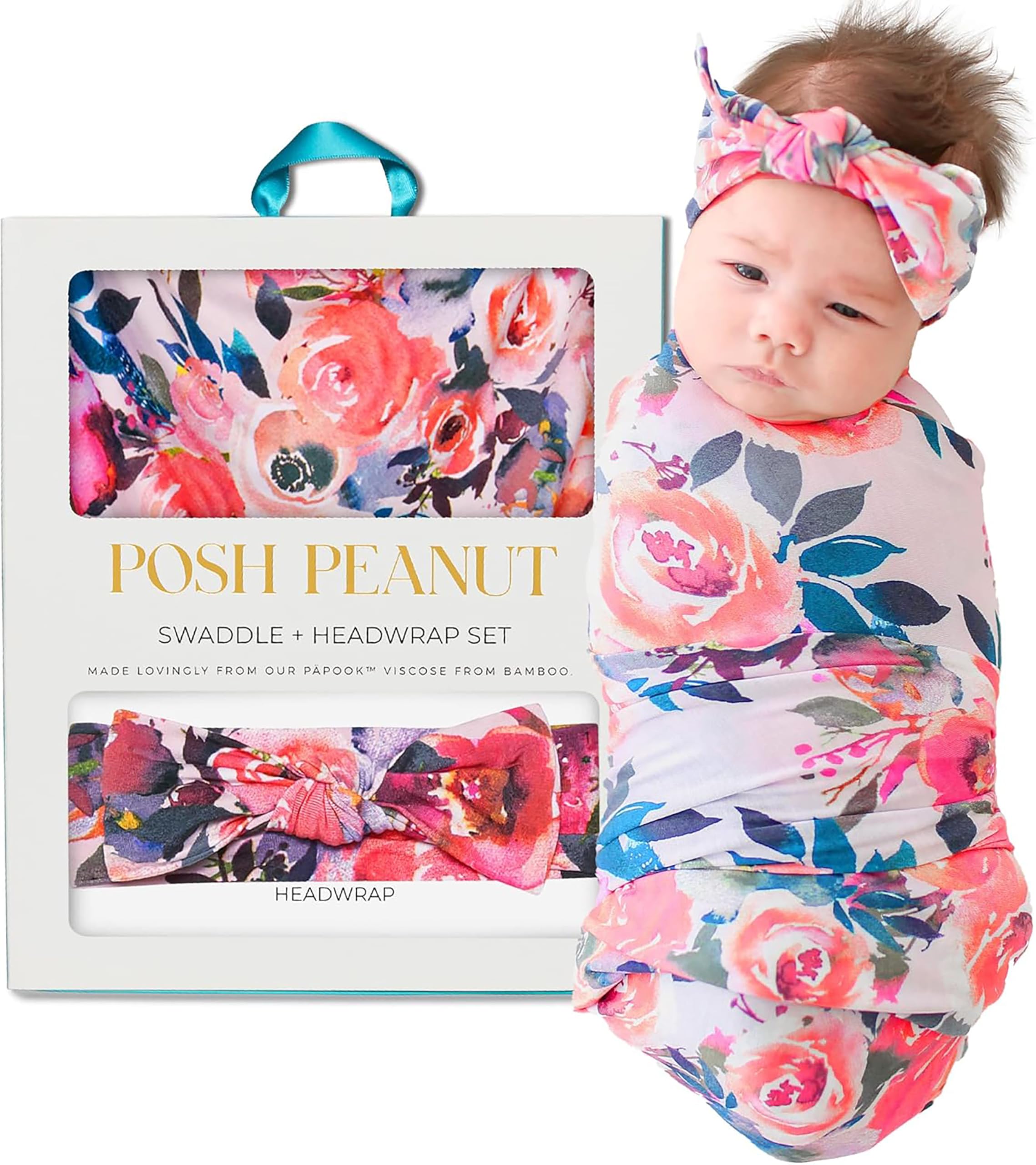Posh Peanut Dusk Rose - Baby Swaddle Blanket - Large Premium Knit Bamboo/Spandex Blend Swaddling Receiving Blanket and Headband Set, Baby Shower Newborn Gift