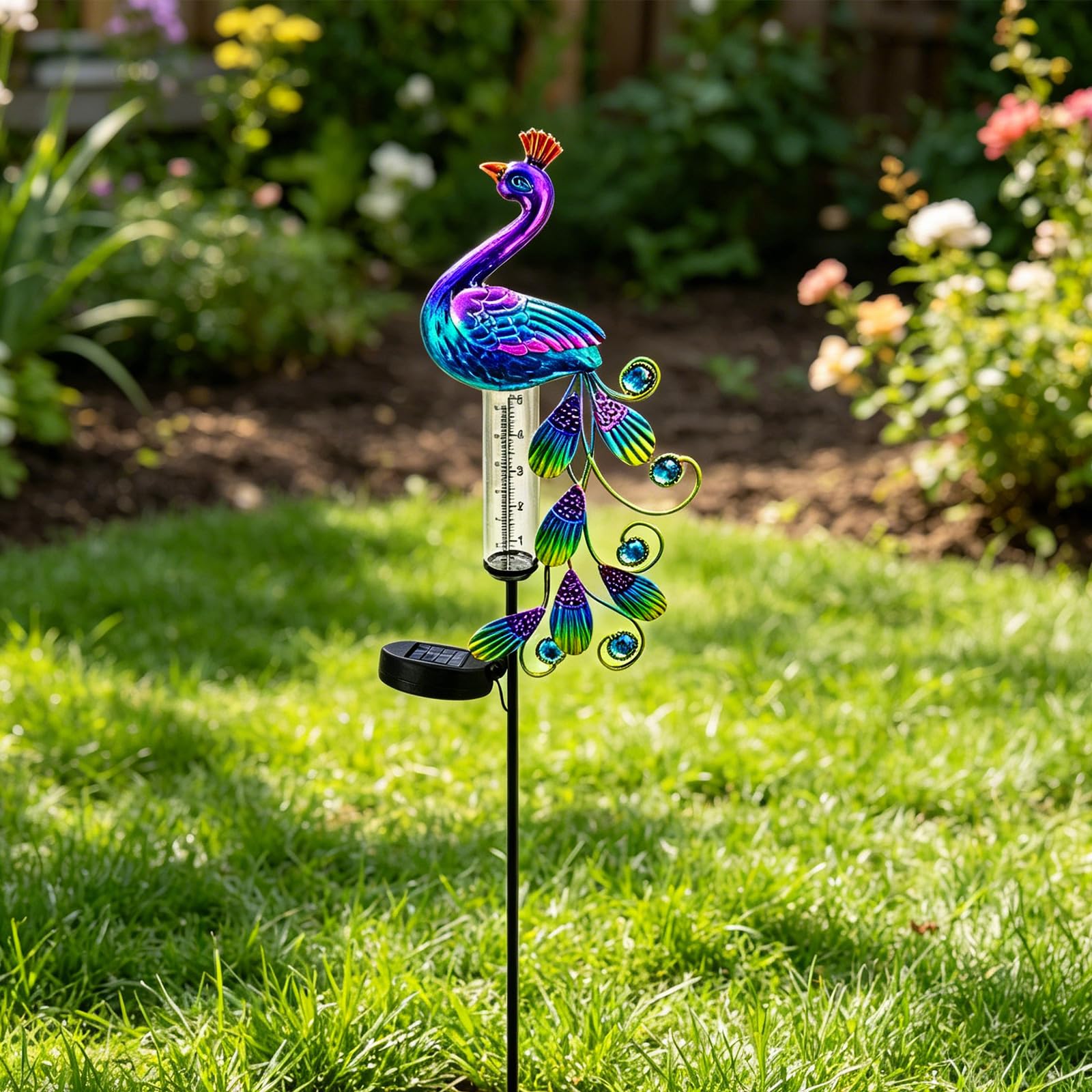 BYZESTY Pluviometre Exterieur Jardin avec LED,H 102CM Pluviomètre pour Jardin,Pluviomètre De Jardin en Verre,Pluviomètres en Verre pour Pelouse,Patio,IP55,Energie Solaire,Jardin,Cour,Terrasse
