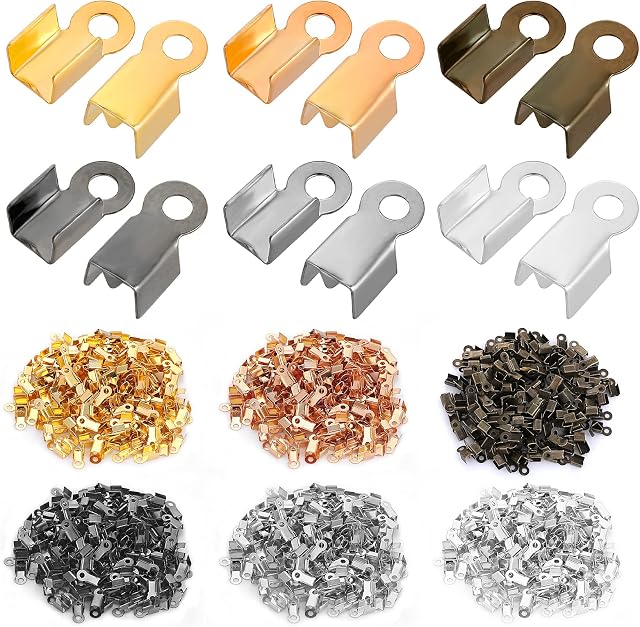 ASTER 1200 Pieces Fold Over Cord Ends Terminators Crimp End Tips Leather Ribbon Ending Clasp Tips Jewelry Connector for Necklace Bracelet Jewelry Making