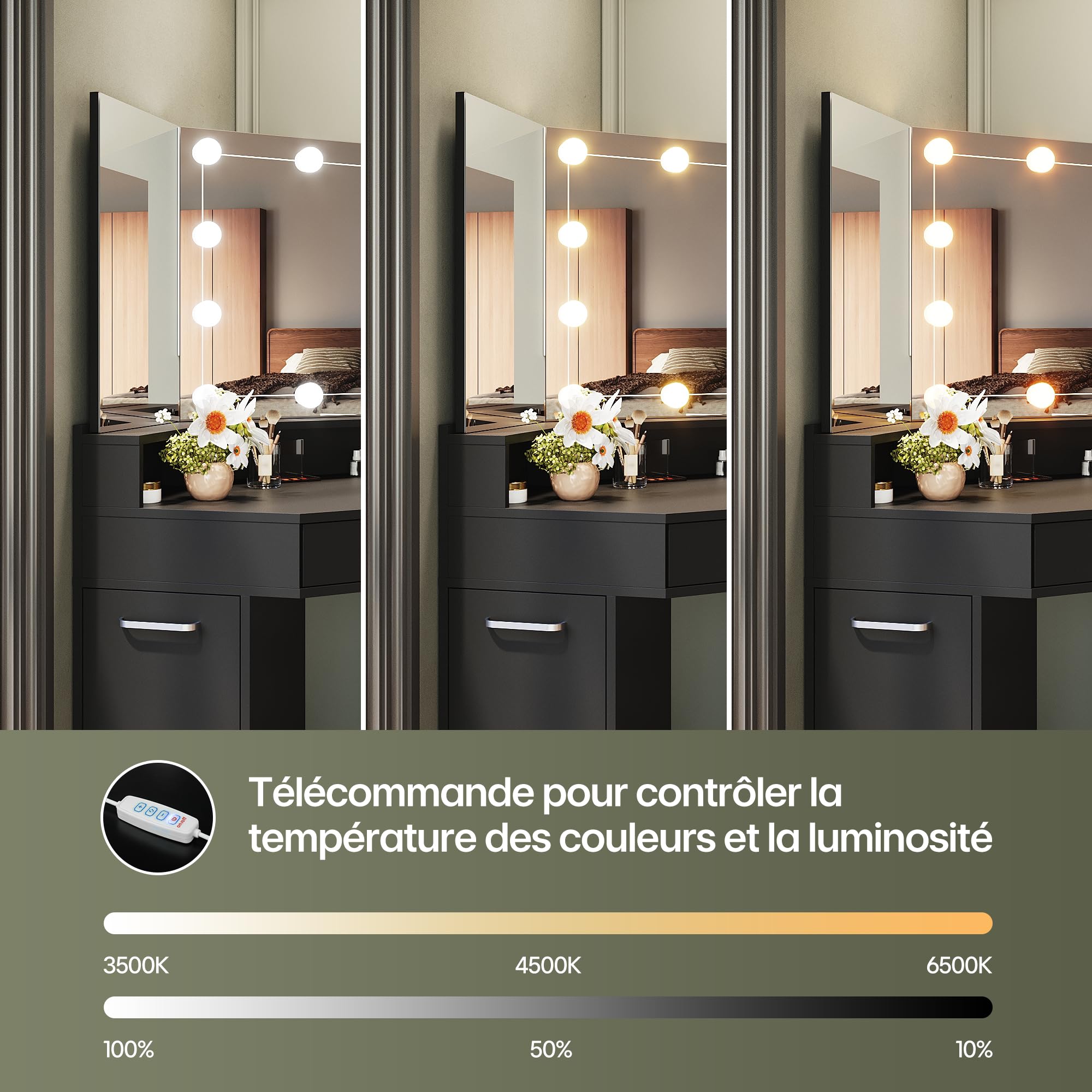 SIRHONA Coiffeuse d'angle avec lumière LED Réglable, Coiffeuse avec 2 étagère 3 Tiroirs, Table de Maquillage Noir pour Chambre à Coucher 111 x 54 x 141.5 cm