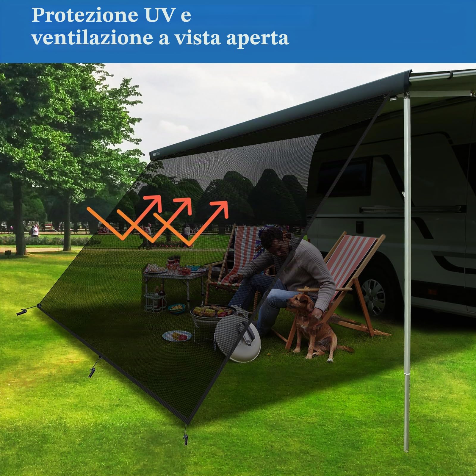 Telo Frontale per Tendalino Camper 2,44m x 3,8m, Pannello Parasole Traspirante per Veranda, Frangivista Universale per Roulotte con Kit Completo, 86% Protezione UV, Resistente a Vento e Pioggia