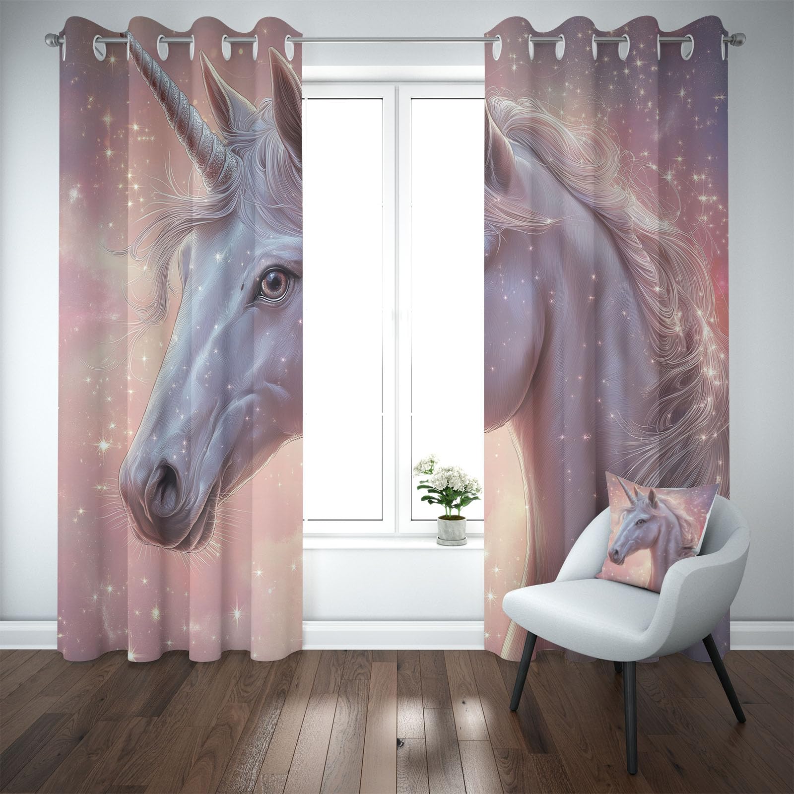 Rideau Occultant à Oeillets Mignon Licorne Lot de 2 Rideaux Thermique et Isolant Phonique Fantaisie Galaxie Idéal pour la Décoration de Salon, Chambre à Coucher, 110 x 215cm