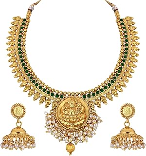 Aheli Indian Traditional Temple Necklace Jhmki Jhumka Dangle Earring Set Studded with Faux Stone Bollywood Wedding Jewelry Gift for Women