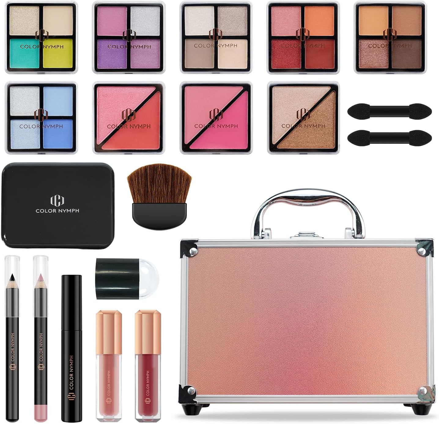Color Nymph Beginner Makeup Kits For Teens With Train Case Included Full Makeup Kit Eyeshadow Palette Blushes Bronzer Highlighter Lipstick Brushes Mirror（Gold）