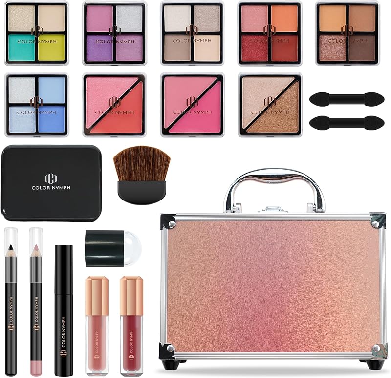 Beginner Makeup Kits For Teens With Train Case Included Full Makeup Kit Eyeshadow Palette Blushes Bronzer Highlighter Lipstick Brushes Mirror（Gold） | Versatile Colors & Buildable Beginner-Friendly, Gentle for Teen Girls Daily Party, Great Makeup Gift for Birthday & Festival