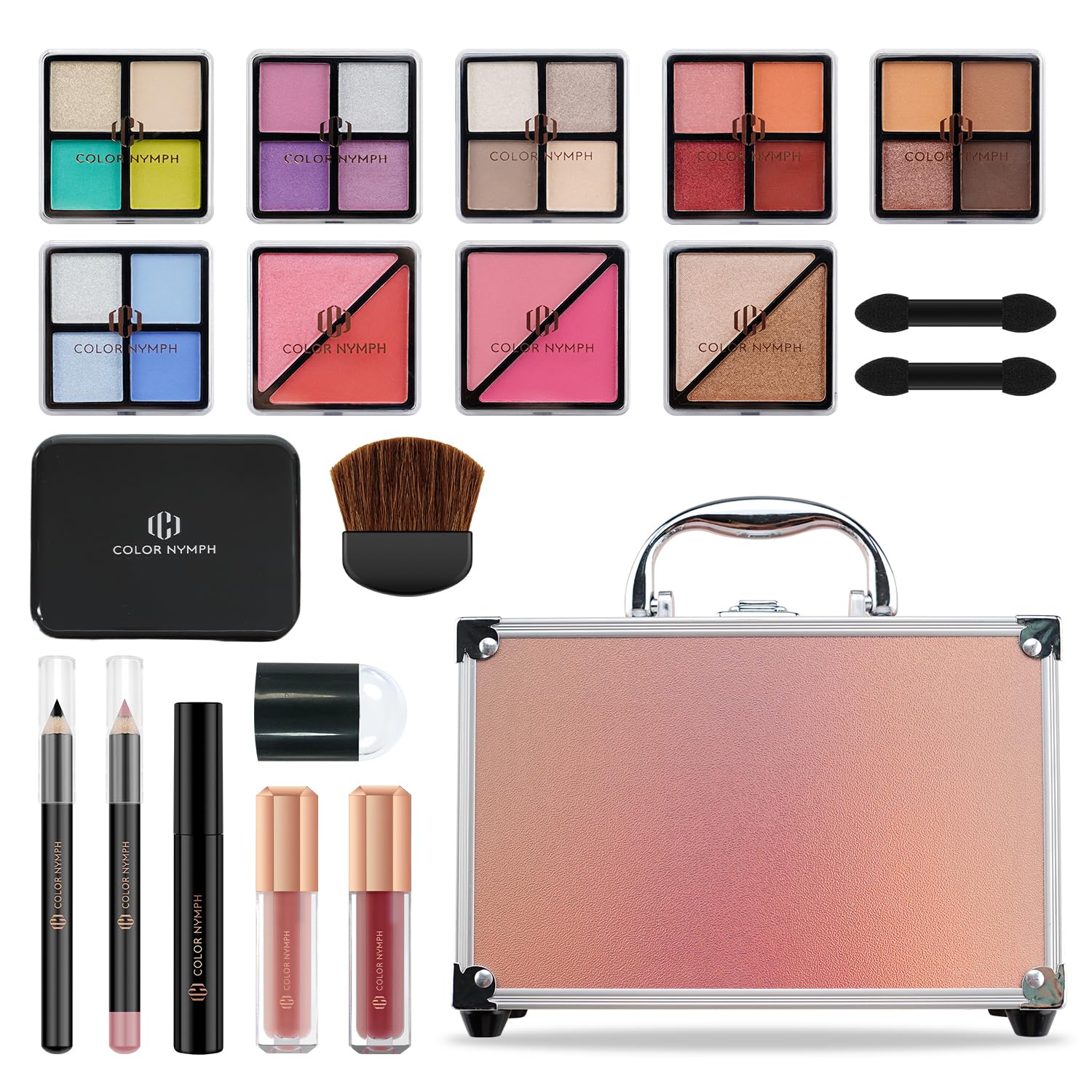 Color Nymph Beginner Makeup Kits For Teens With Train Case Included Full Makeup Kit Eyeshadow Palette Blushes Bronzer Highlighter Lipstick Brushes Mirror（Gold） | Ideal Makeup Gift Set for Birthday & Holidays, Beginner-Friendly Versatile Buildable Colors, Gentle Formula, Daily/Party Use