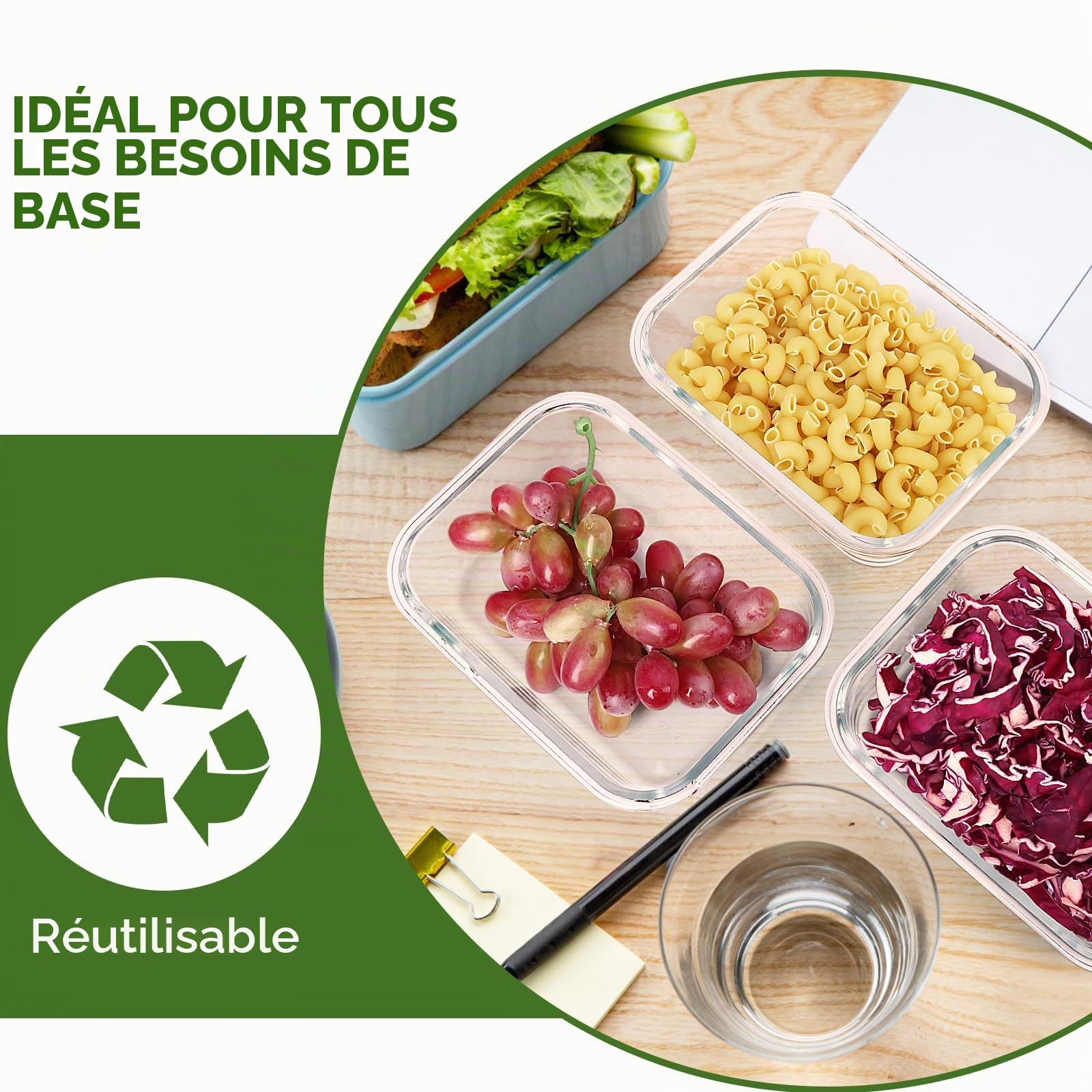 Skroam Lot de 5 boîtes de conservation alimentaire en verre de 1 020,6 g avec couvercles hermétiques, récipients en verre pour préparation des repas, organiseurs de garde-manger et rangement, boîtes à