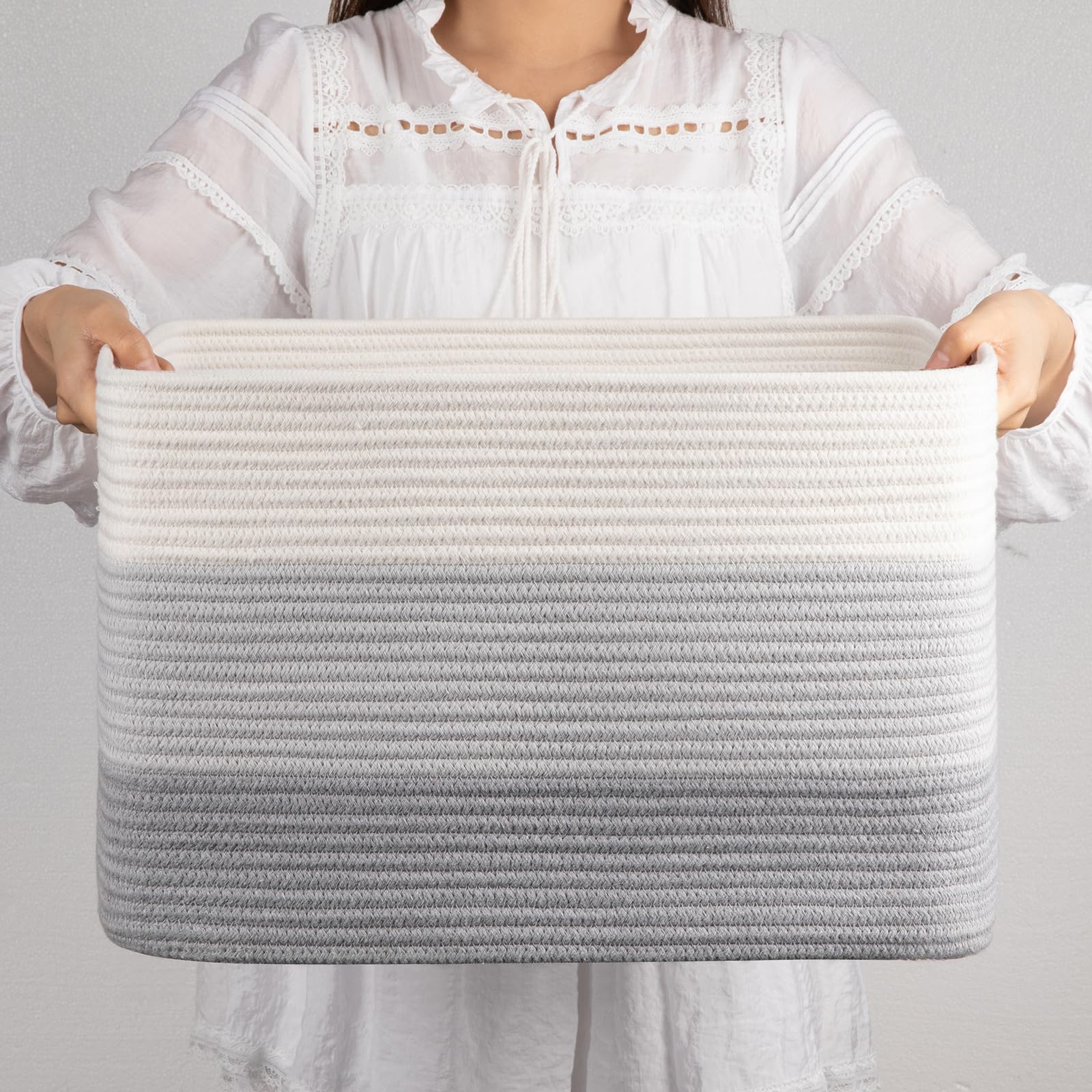 OIAHOMY Cotton Rope Basket, Rectangle Woven Baskets for Storage, Nursery Blanket Storage Living Room, Toy Basket With Handle-17.7”x13.8”x11”-Gradient GreyGlobal Recycled StandardGlobal Recycled StandardGlobal Recycled Standard