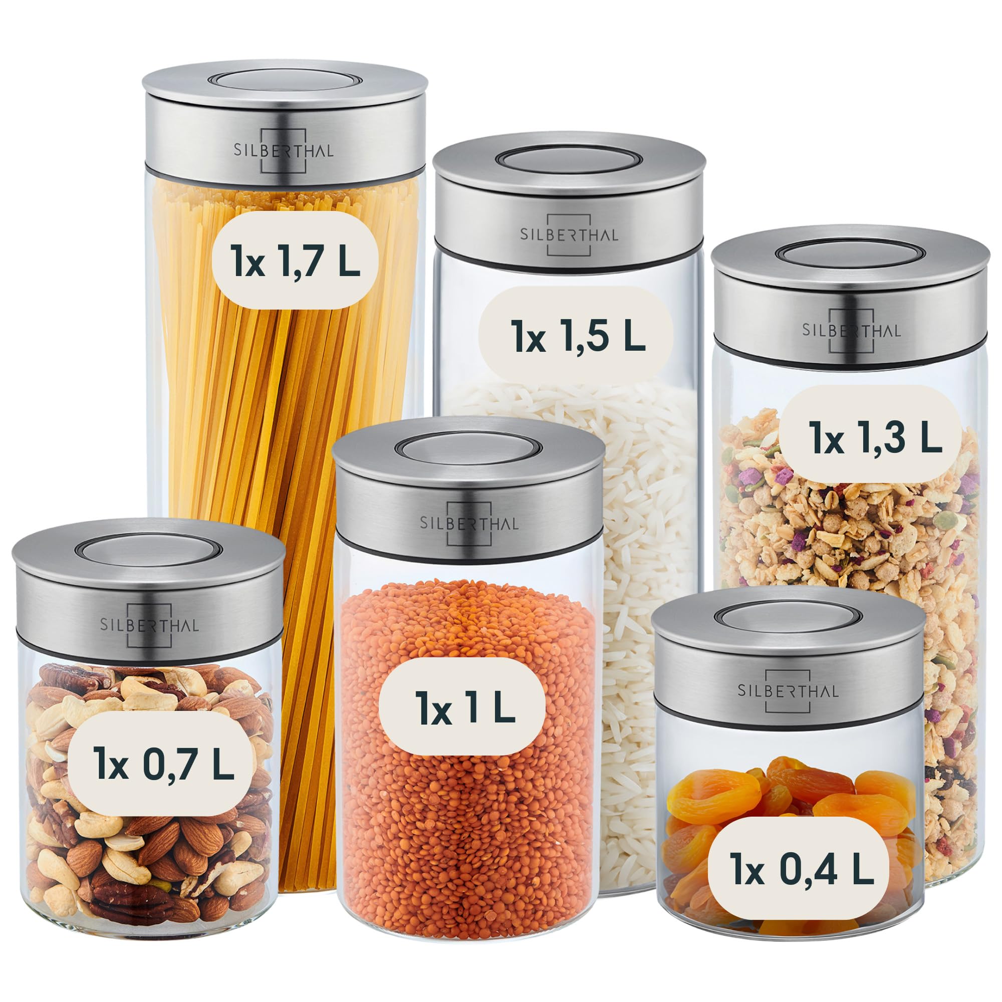 SILBERTHAL Set 6 barattoli vetro ermetici e antitarme - Per dispensa cucina impilabili - 1,7+1,5+1,3+1+0,7+0,4L