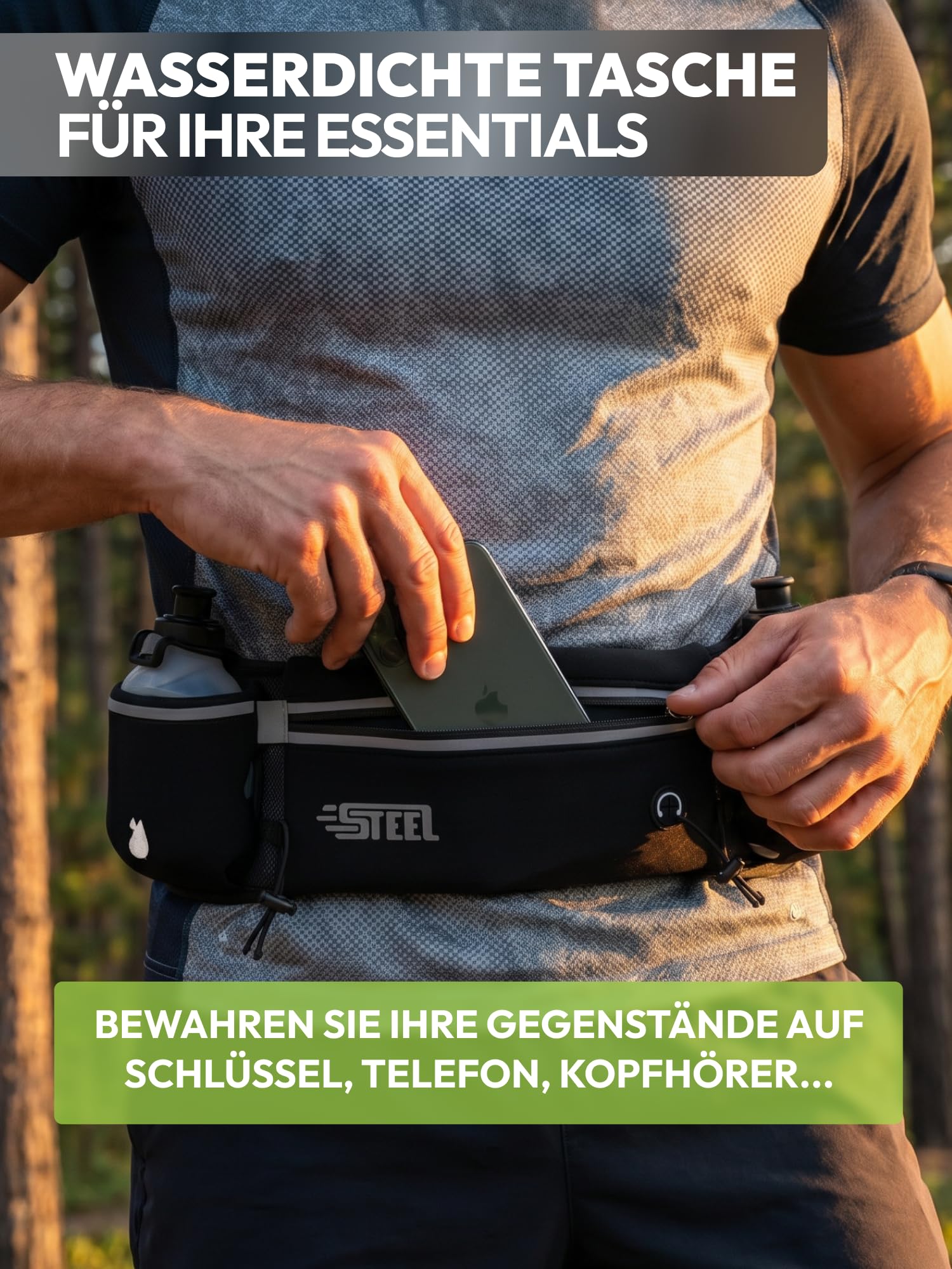 Laufgürtel, Hüfttasche, Sportgürtel mit weicher Flasche, wasserdicht, für Herren und Damen, für Smartphone, iPhone, Samsung Galaxy, bequem, Jogging, Fußball, Wandern (SCHWARZ (News))