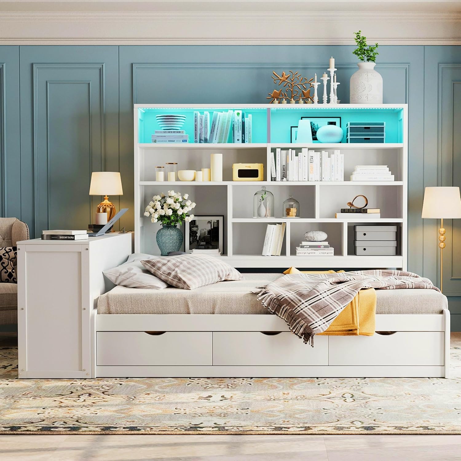 KLMM Full Size Wooden Daybed with Three Drawers,Desk,Shelves and Lights,for Kids Teens Adults Bedroom Use (White/Drawers, Full)