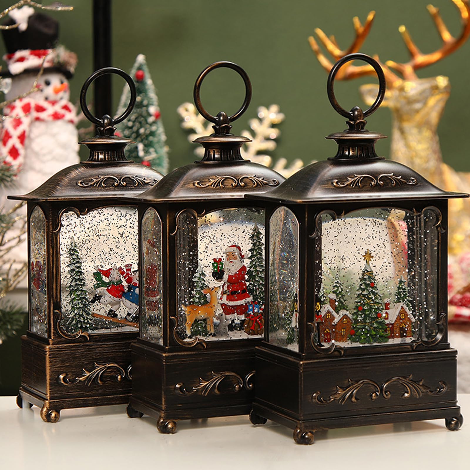 Christmas Snow Globe Lantern Christmas Decorations Indoor Lanterns,Musical Snow Water Lantern Swirling Glittering Home Decoration and Gift, Battery Operated or USB Powered (Christmas Tree)