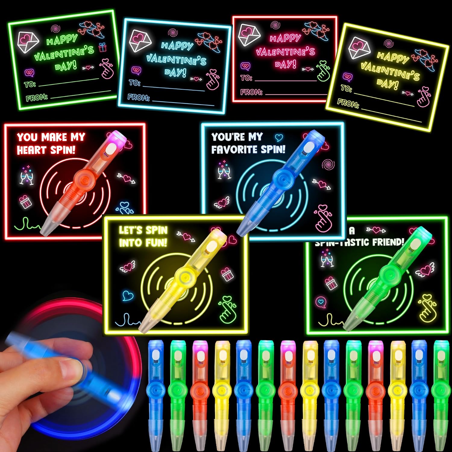 24 Pack Valentines Day Gifts for Kids Classroom LED Rotating Fidget Toys with Valentines Cards for Kids School, Light Up Valentines Pen for Kids Class Exchange Cards Prizes Party Favors for Boys Girls