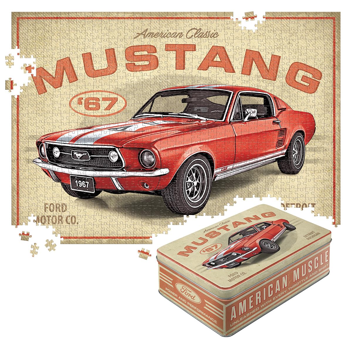 Nostalgic-Art Retro Puzzle 1000 Pieces 68 x 48 cm Ford Mustang GT 1967 Red – Gift Idea for Ford Fans Original Licensed Product (OLP) for Adults in Vintage Metal Box