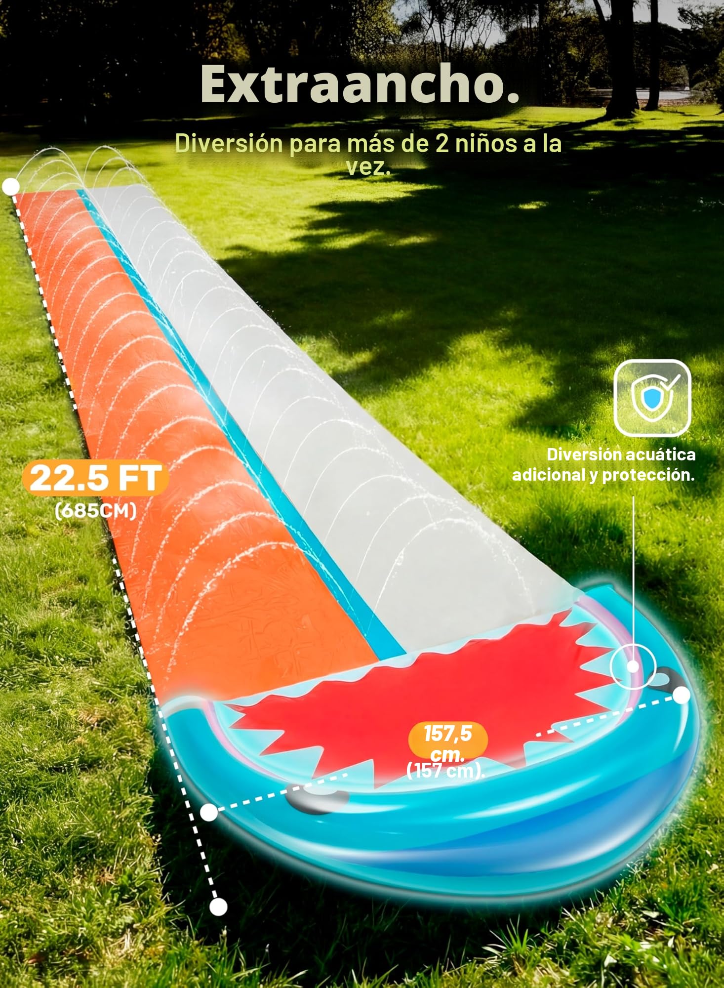 Sloosh 22,5ft/685,8cm Tobogán de Agua con 2 Tablas inflables, tobogán de césped de Doble Carril con rociadores avanzados, Juguete de Verano para niños y Adultos, diversión en el jardín, Tiburón