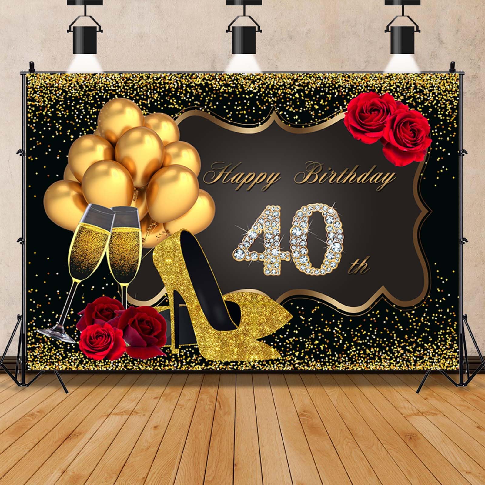 Mestiker 7x5ft Women 40th Birthday Decorations Happy Birthday Backdrop Photography Background 40th Birthday Party Supplies Golden High Heels Birthday