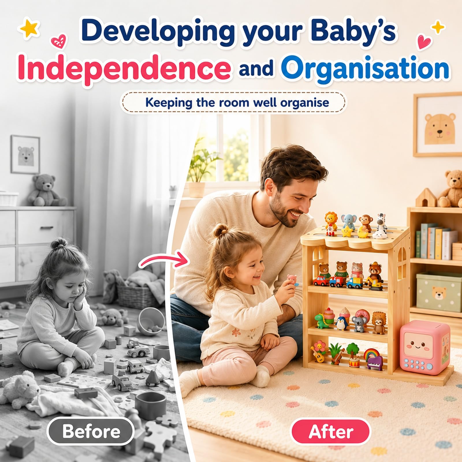 Scaffale magnetico a forma di casa, con 4 ripiani, organizer per 70-80 personaggi, scaffale da parete e mensola da tavolo per cameretta dei bambini, compatibile con scaffale della stazione di