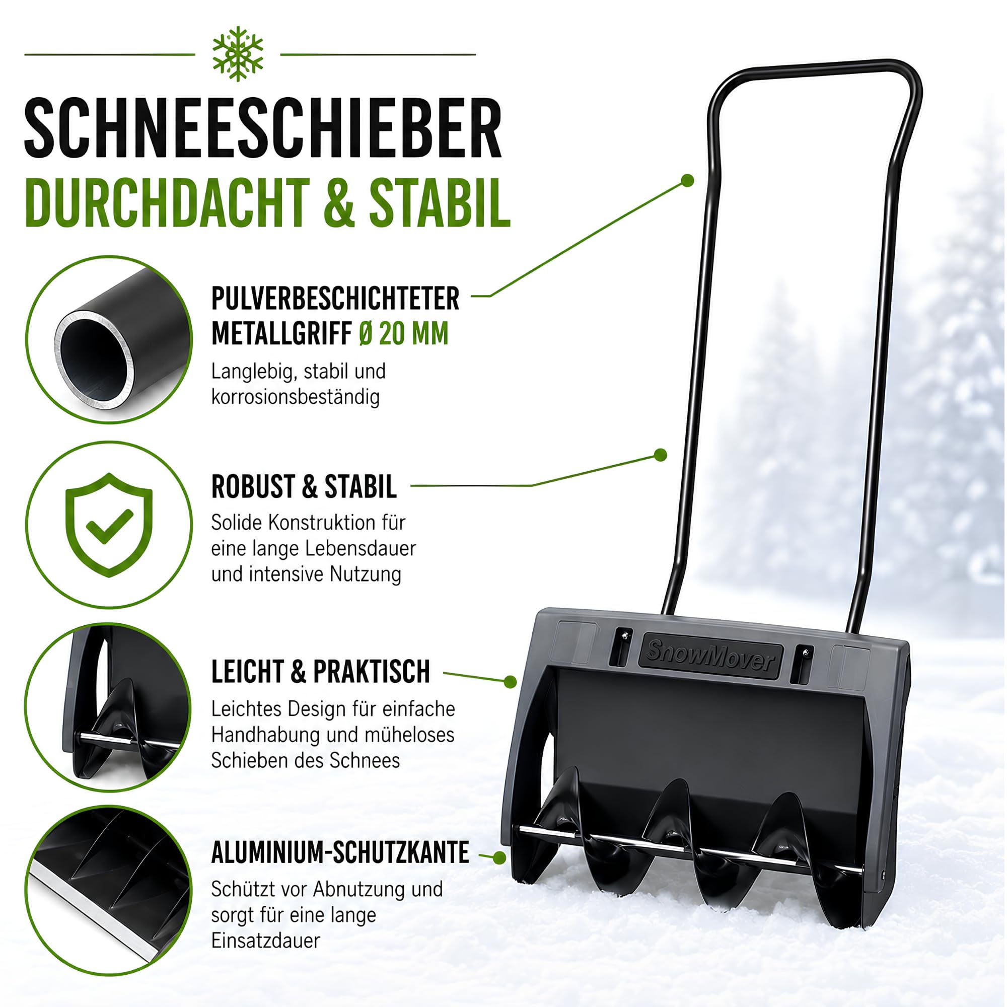 Snow Mover Schneefräse 60 cm Schneeschieber mit Aluminiumkante, INKLUSIVE Eisschaber, Schneepflug Schneeschaufel Ergonomisch Schwarz