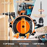 SHALL 1-1/4 pouce SDS Plus Foreuse rotative à marteau de service lourd, 1500W Démolition Hammer, un bouton 4 Fonctions avec réglage de vitesse, Chisel plat, Point Chisel et 3 Boutons de forage inclus, 0-950 RPM