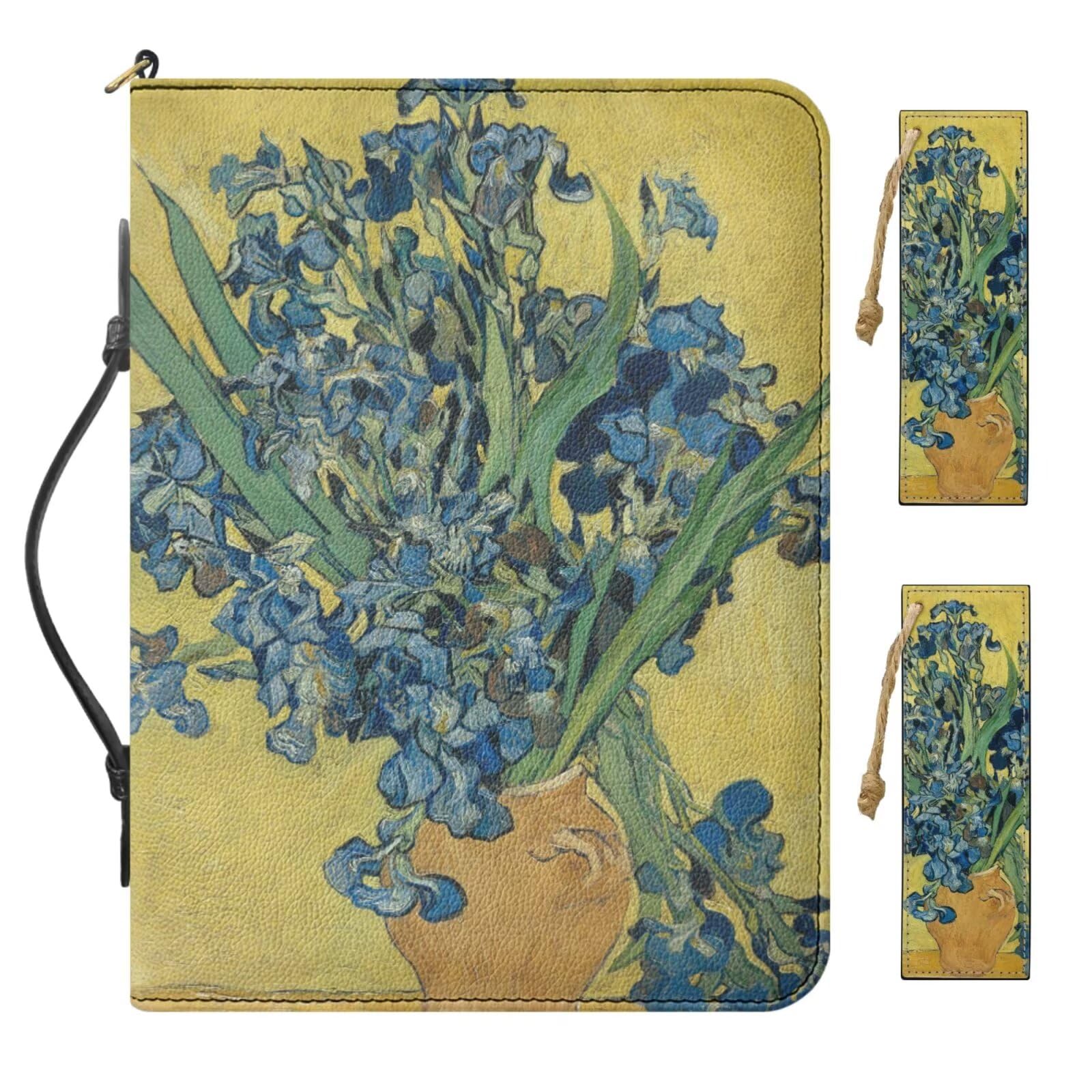 Buxolandt Extra Large PU Leather Bible Cases for Woman, Comes with 2 Leather Bookmarks Built-in Pocket Pen Slots, Iris Bible Cover with Handle, Famous Oil Painting Works Print Bible Carrier for Women