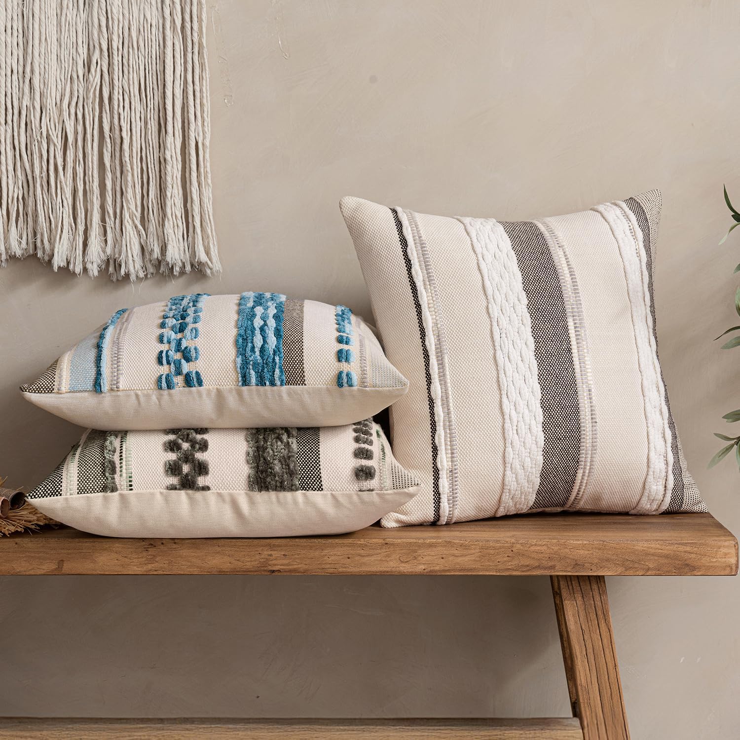 ANRODUO Pack of 2 Boho Decorative Throw Pillow Covers 20x20 Farmhouse Cushion Case Striped Chenille Pillow Cases Square Pillow Covers Accent Neutral Pillowcase for Sofa Couch Bed, White Stripe