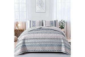 WONGS BEDDING Boho Quilt Set Queen Size Light Blue Bohemian 3 Pieces,...