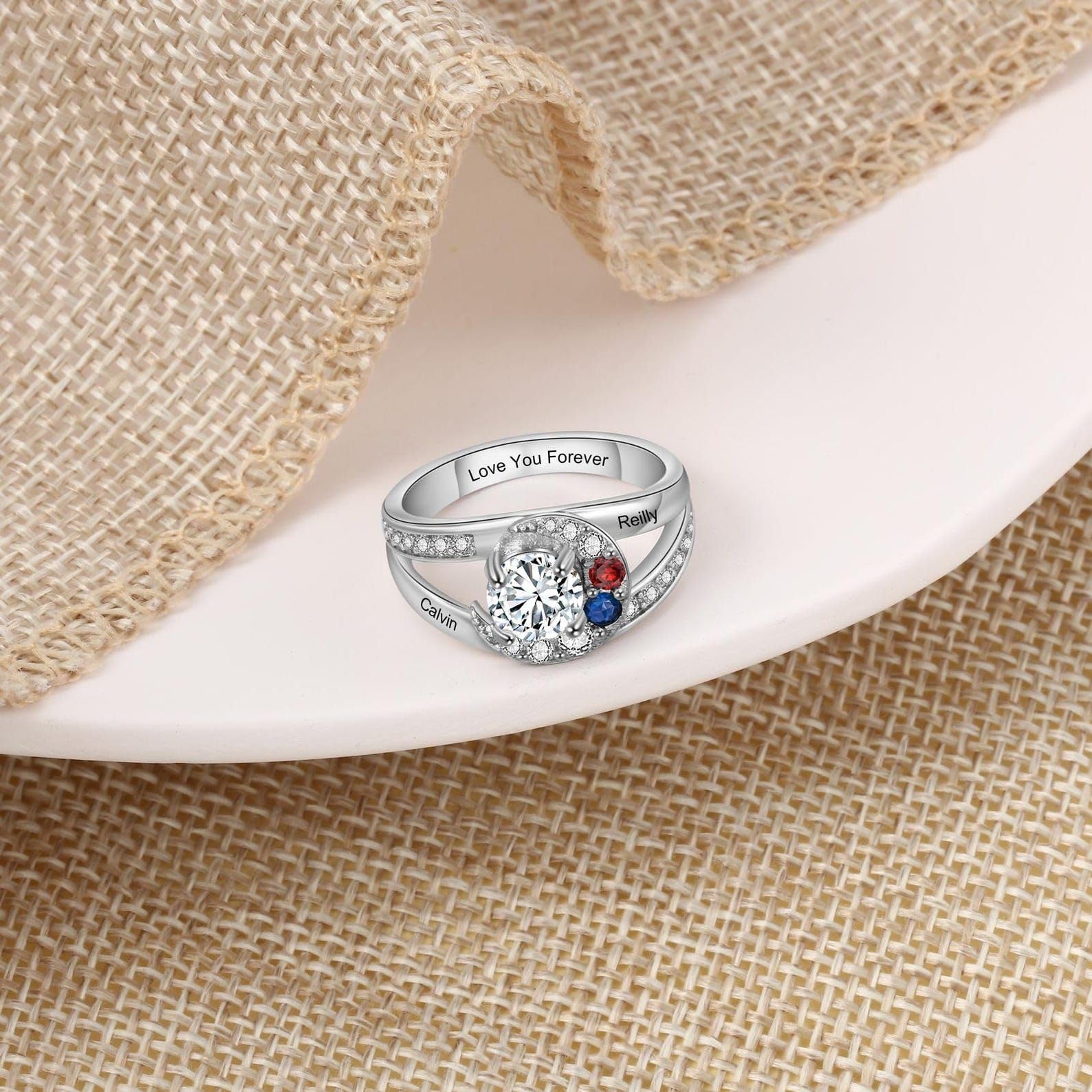 Anillo de Navidad personalizado para las mujeres 925 de plata de ley familia Anillo de Navidad Madres Nombre grabado Día de la madre