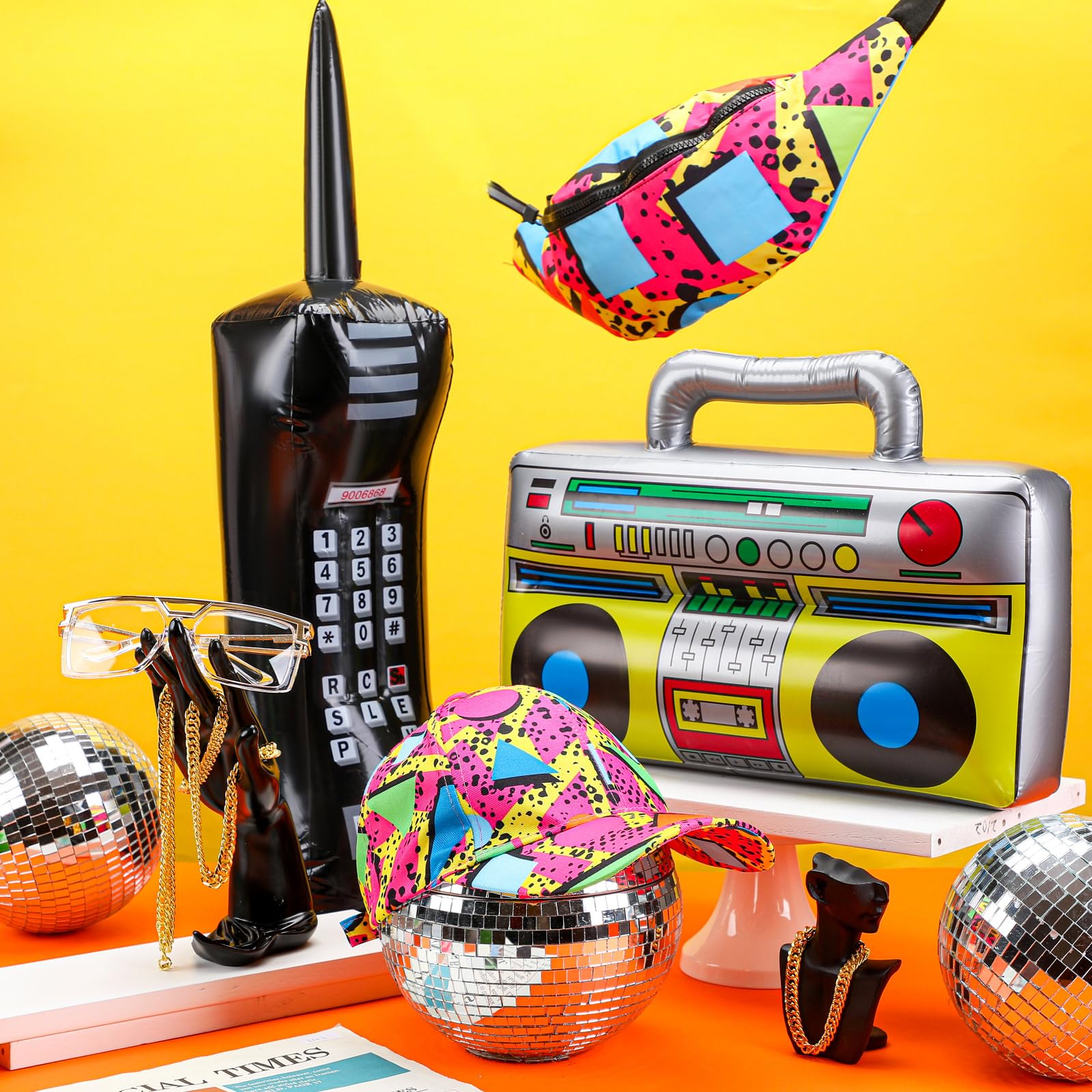 Paterr 7 Pcs 80s 90s Hip Hop Costume Kit 80s 90s Fanny Pack 90s Outfit Hat Glass Faux Gold Rope Chain Inflatable Radio Boombox Inflatable Mobile Phone for Women Men Rapper DJ Costume Halloween Cosplay - Image 2