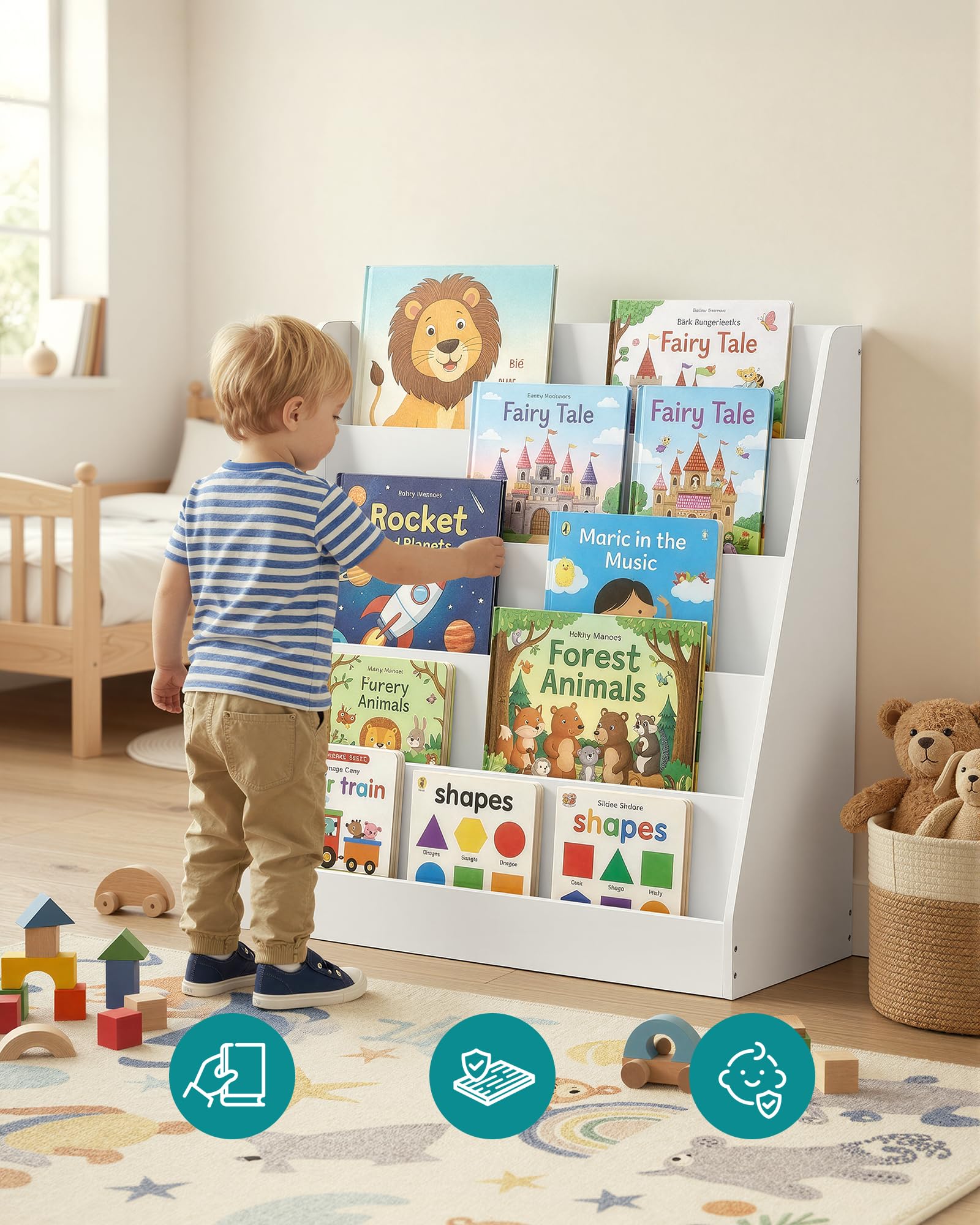 SONGMICS Regał dla dzieci, 5-poziomowy regał na książki Montessori, z przodu, do pokoju dziecięcego, kącik do czytania, 30 x 80 x 80 cm, biały (Cloud White) GKR076WZ01