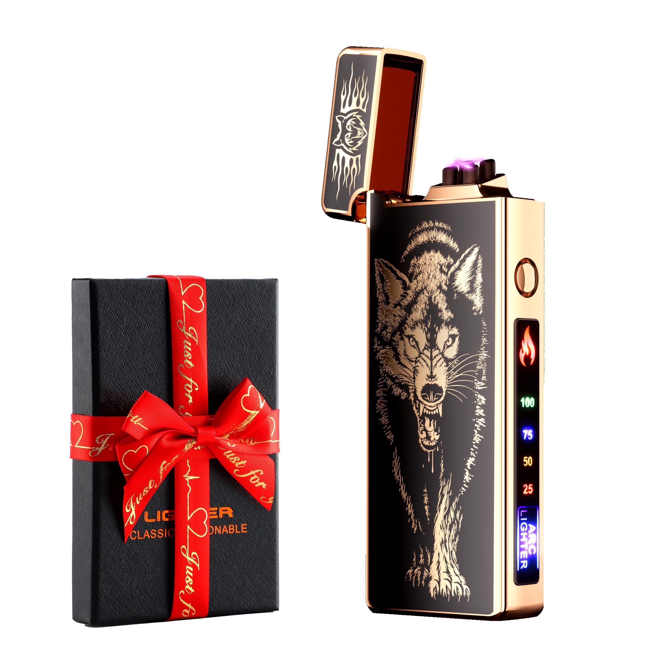 Regalo accendino elettrico, indicatore della batteria, accendino USB al plasma, ricaricabile, antivento e fiamma, doppio arco con indicatore della batteria per candele/barbecue (lupo)