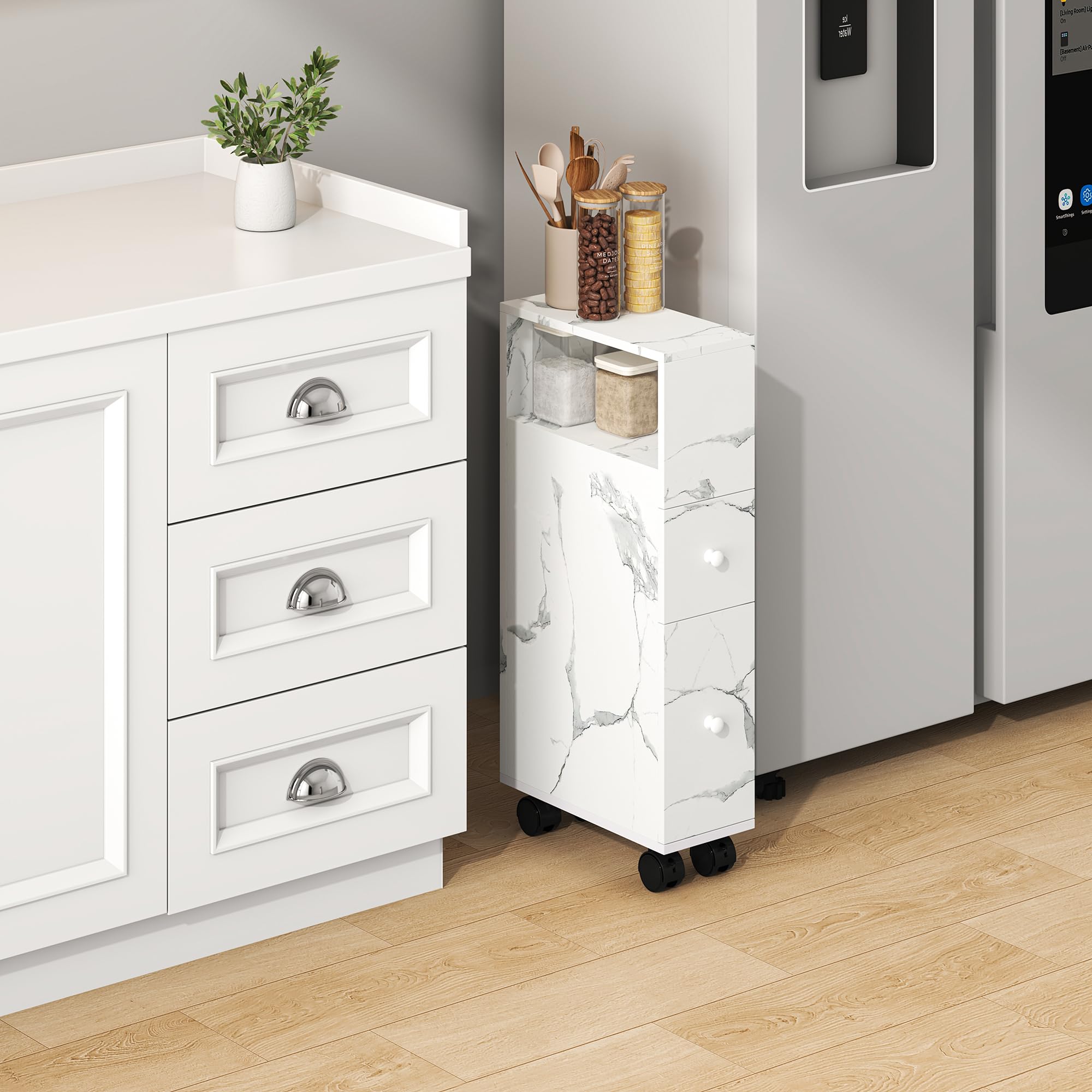 [en.casa] Mobile da Bagno Stretto a Rotelle con 2 Cassetti e Scomparto Aperto Armadietto Estraibile Multiuso per Cucina Lavanderia Ufficio 66 x 15 x 33 cm - Effetto Marmo Bianco