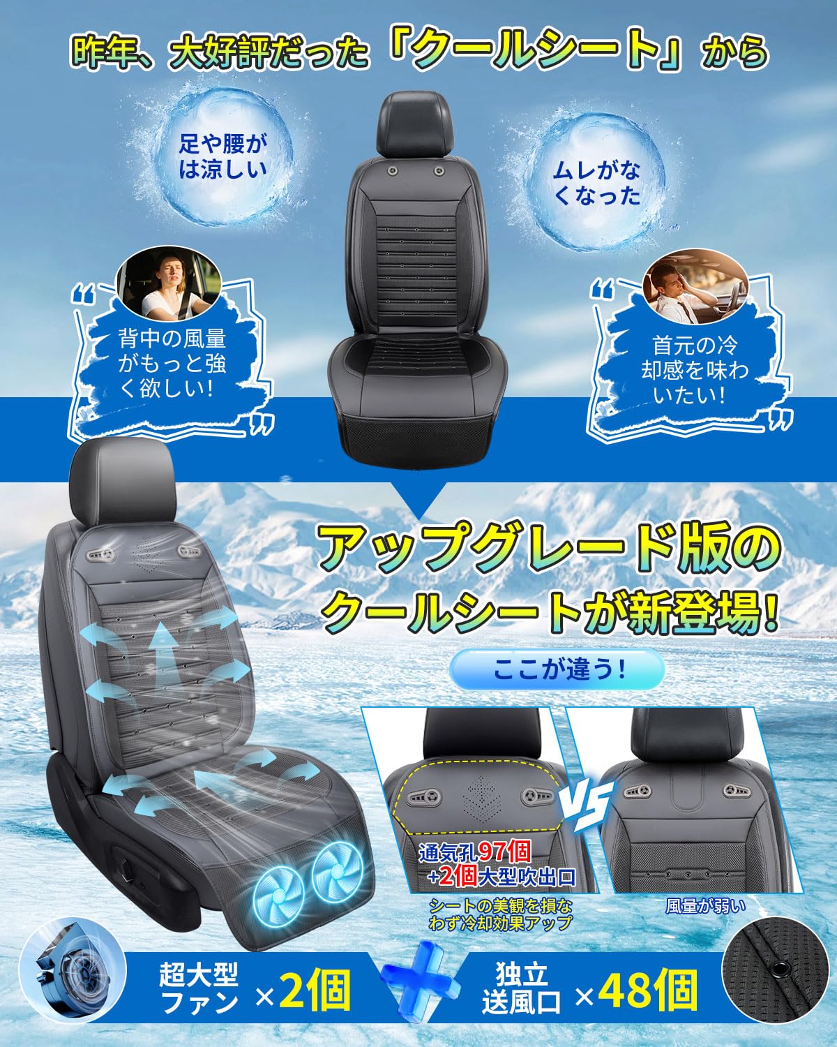 【2個】シートクーラー 車用カーシート ファン 3段階風量調節可 冷却 車中泊 Amazon | クールシート 車 シートクーラー【2026新昇級 48個送風穴+2枚
