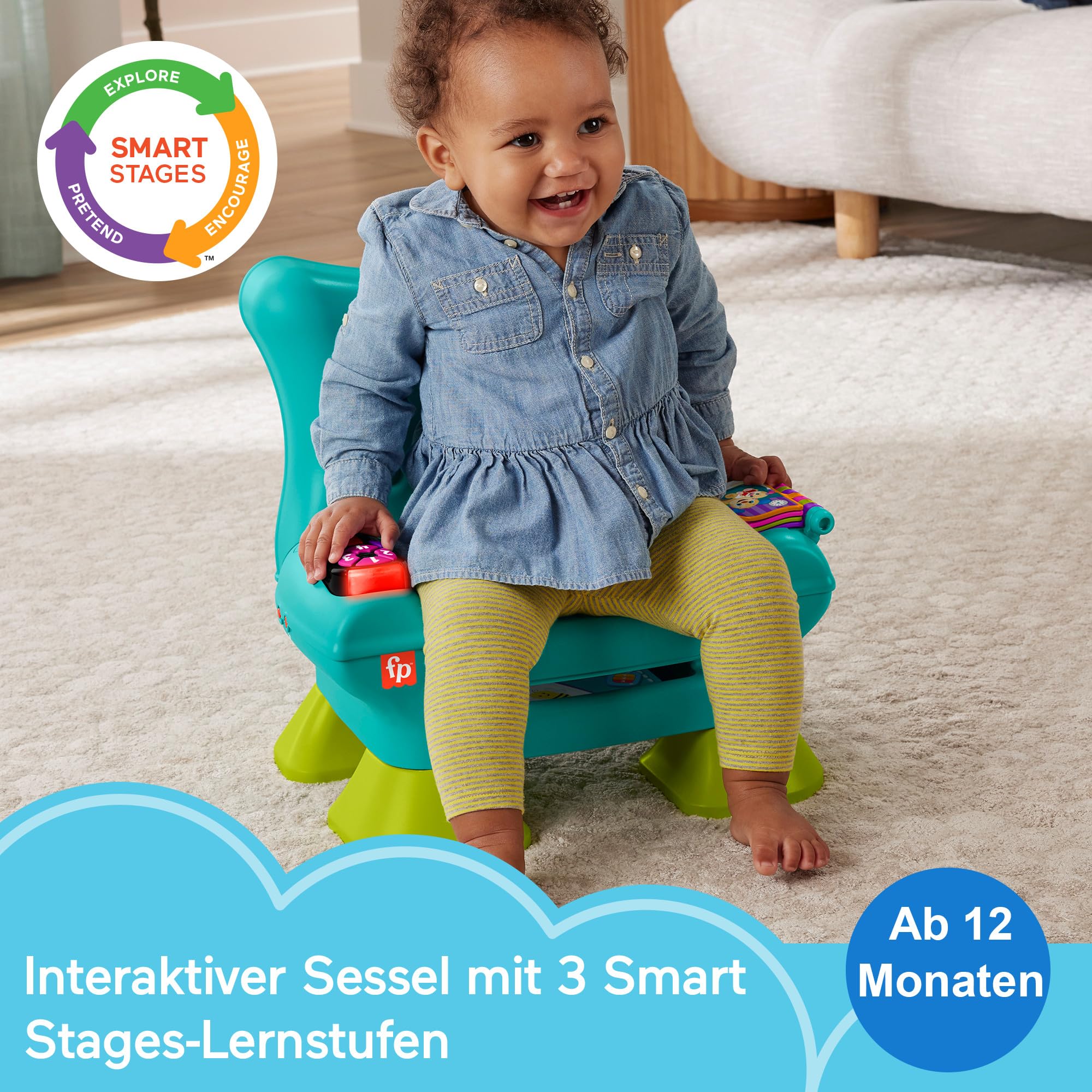 Fisher-Price Lernspaß, Lernspielzeug für Kleinkinder, Lernspaß-Stuhl, türkisfarben, mit Musik und verschiedenen Aktivitäten für Kinder ab 1 Jahr, Englisch (UK), Französisch, Deutsch Version, HYR97