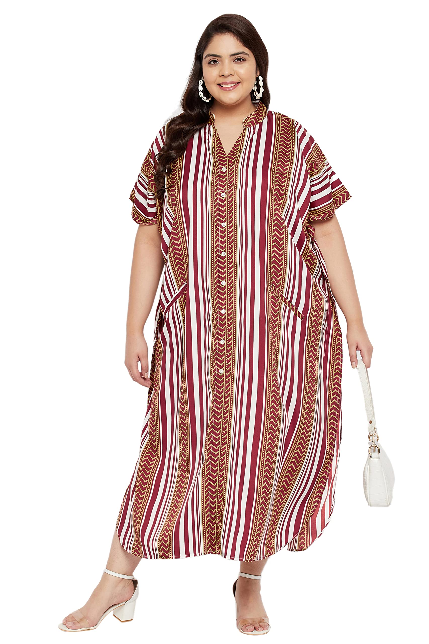 Oussum Kaftan Plus Size Women Dress Button Down Kimono Side Slit Maxi Dresses Two Side Pocket Caftan for Casual Wear